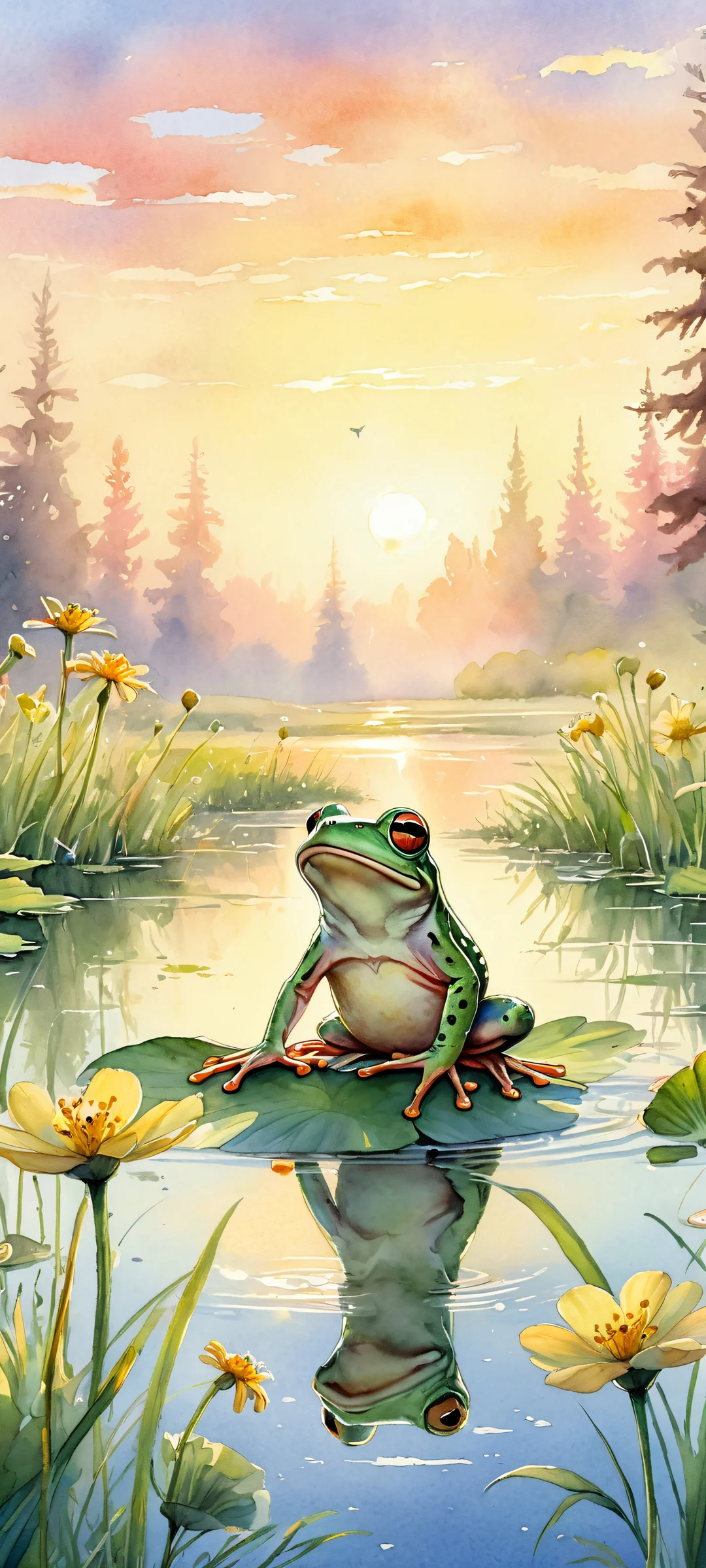 A whimsical watercolor illustration of a frog riding a mouse in a serene meadow at dawn. Perfect for iPhone/Android home screens.