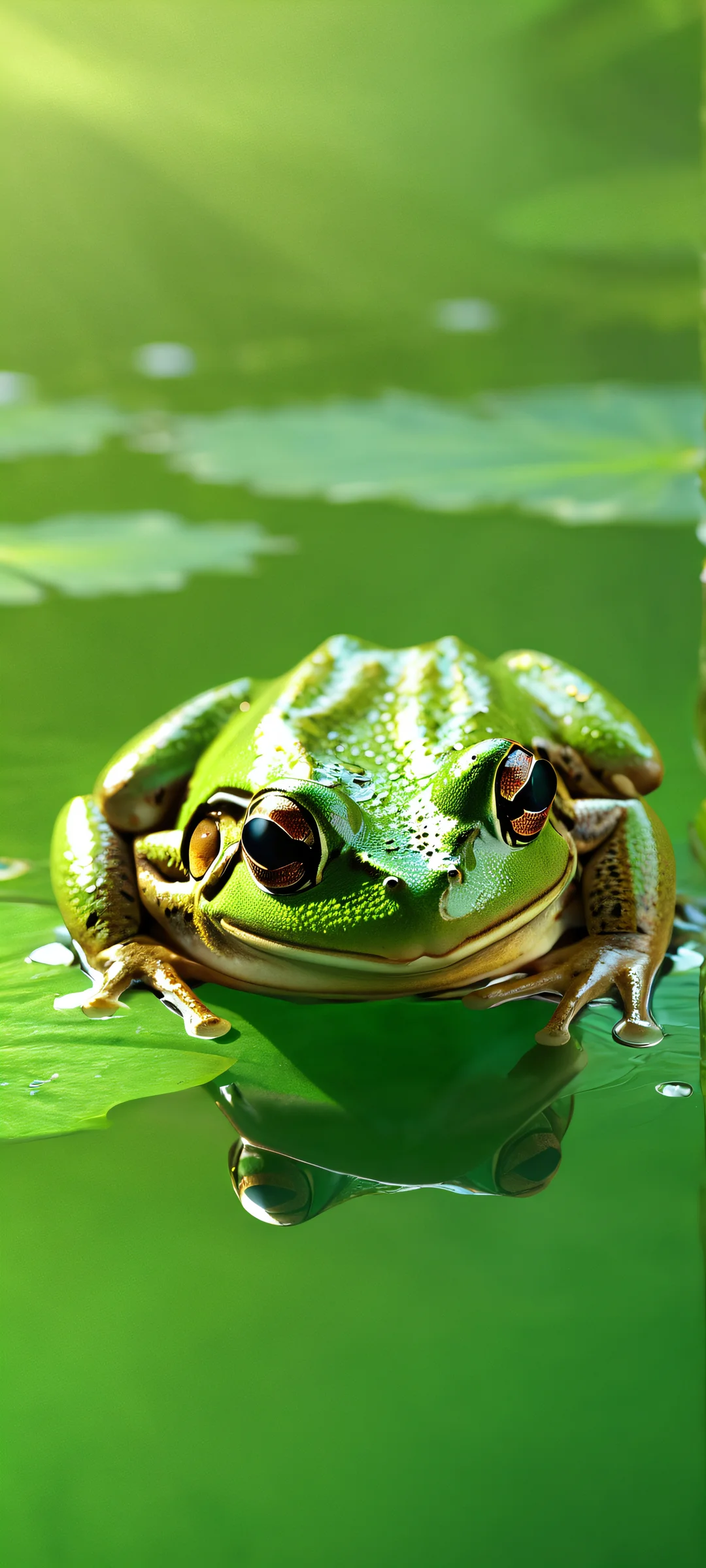 A photorealistic frog sits calmly amidst a softly lit pond, perfect for iPhone/Android home screens.