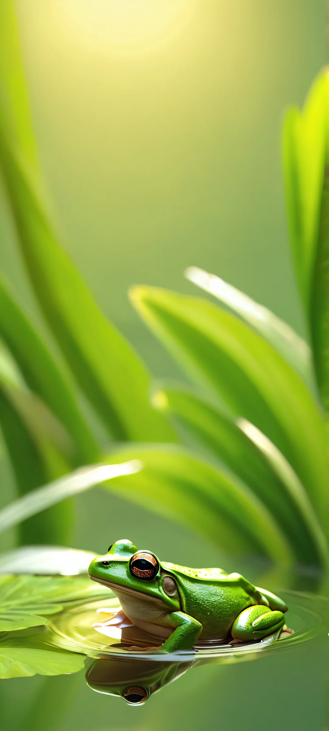 A majestic frog sits peacefully by a pond at sunset, illuminated by the warm glow of the setting sun. Perfectly captured for your iPhone/Android home screen.