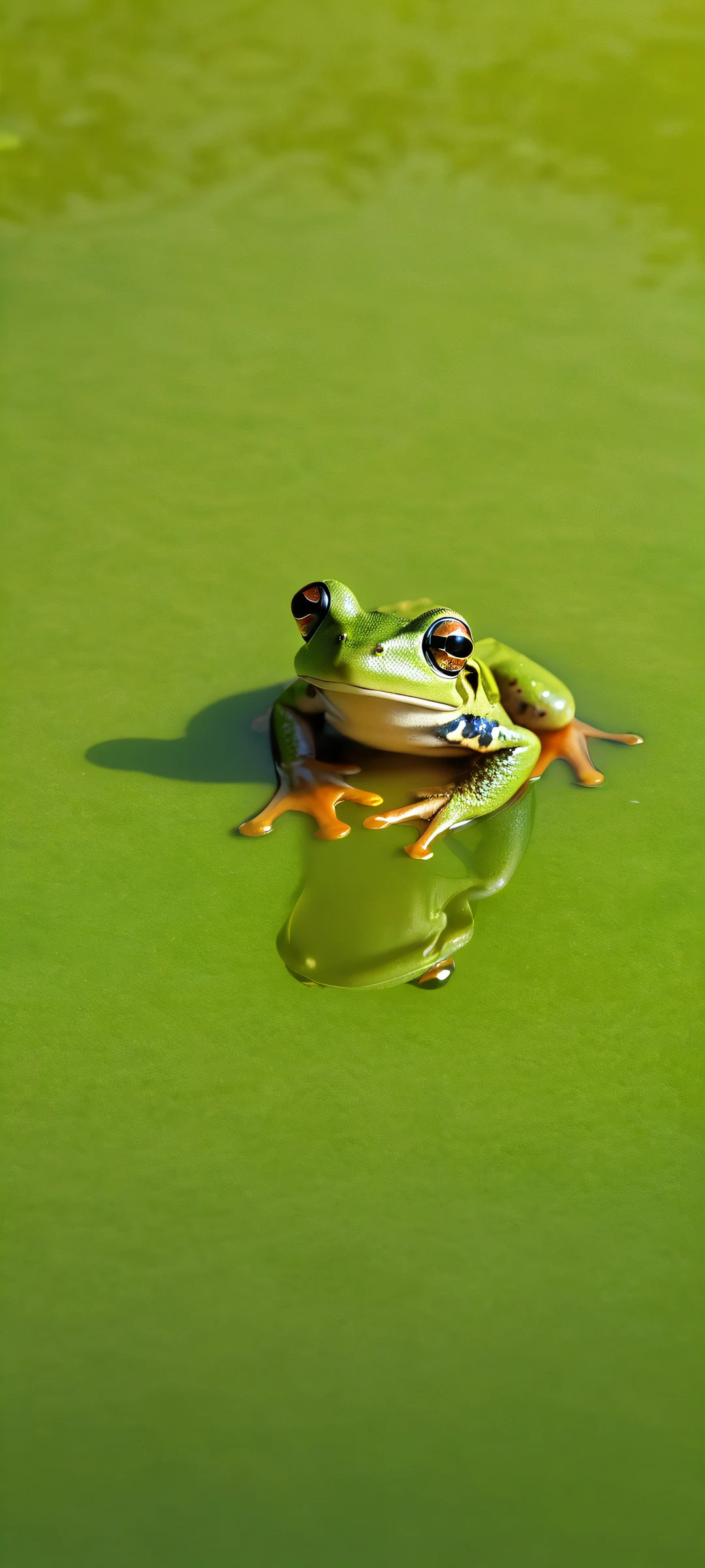 A majestic frog sits serenely amidst calm water, perfectly lit by the warm sunlight, suitable for both iPhone and Android devices.