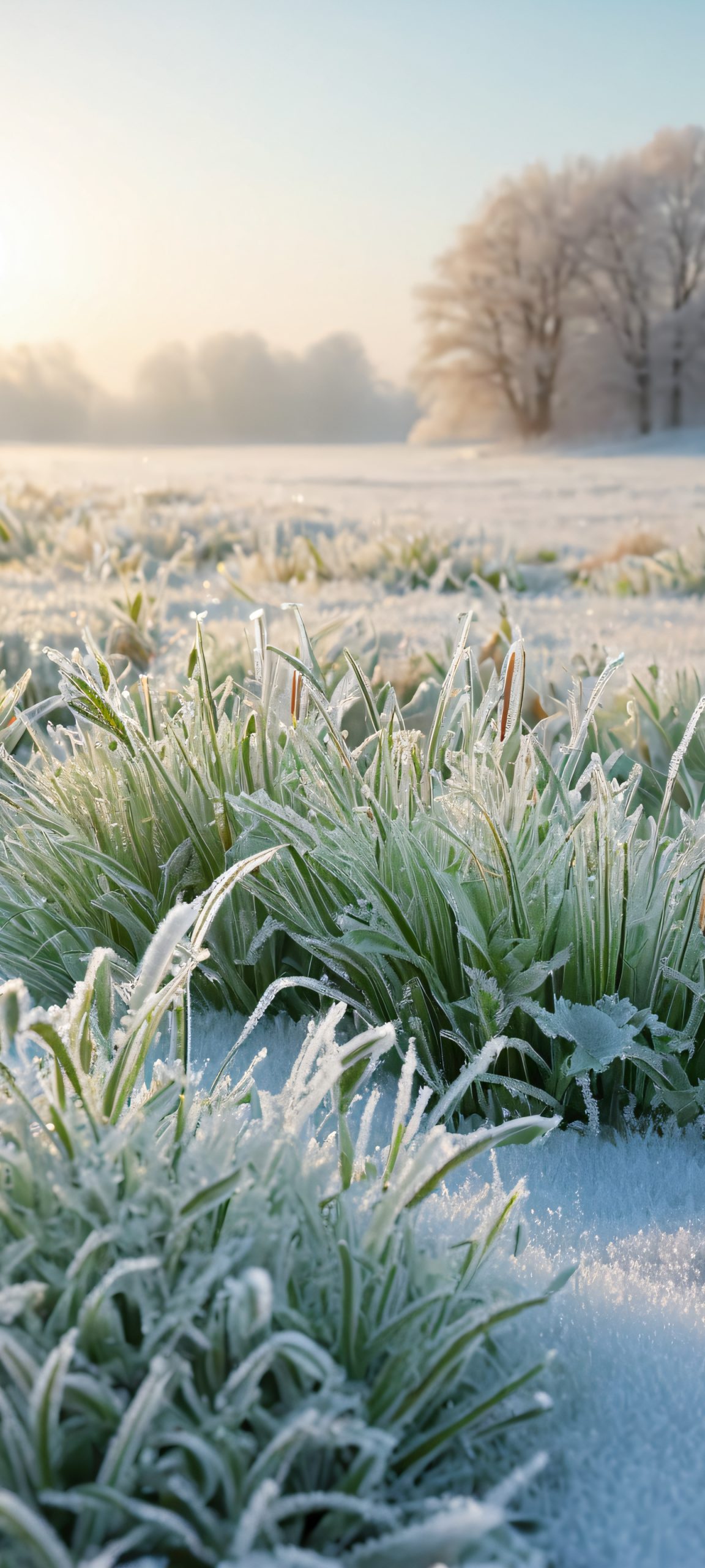 Capture the soft, frosty morning atmosphere with this serene iPhone/Android wallpaper, perfect for your home screen