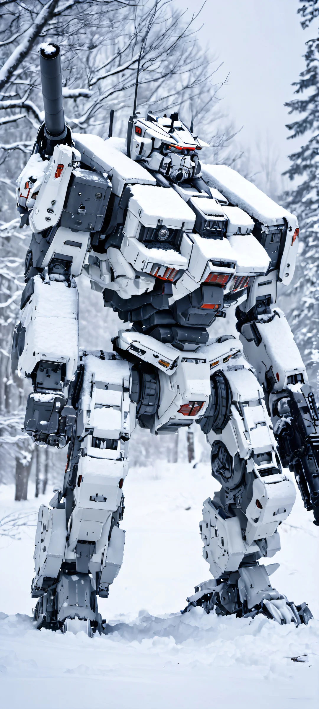 A majestic mecha stands tall in the snowy landscape, a perfect blend of artistry and technology. Compatible with iPhone/Android.