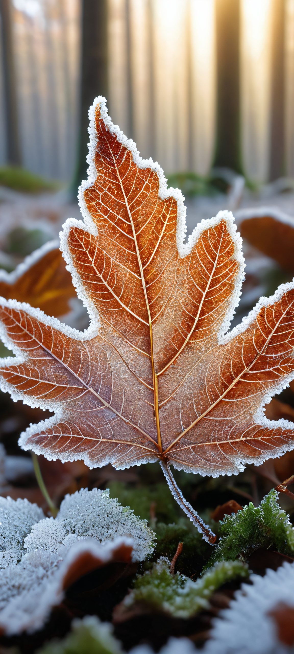 Frosty Morning Serenity QHD Smartphone Background A serene forest floor scene with frosty leaves, perfect for iPhone/Android home screens