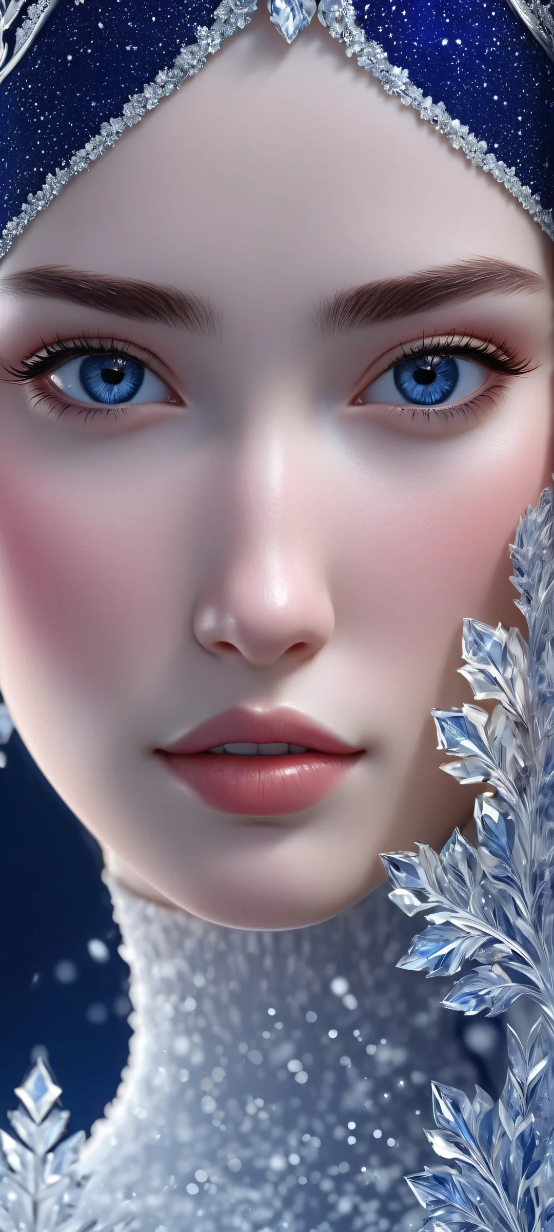 A mesmerizing digital artwork featuring a feminine form frozen in an ivory and midnight blue mist, perfectly optimized for iPhone and Android home screens.