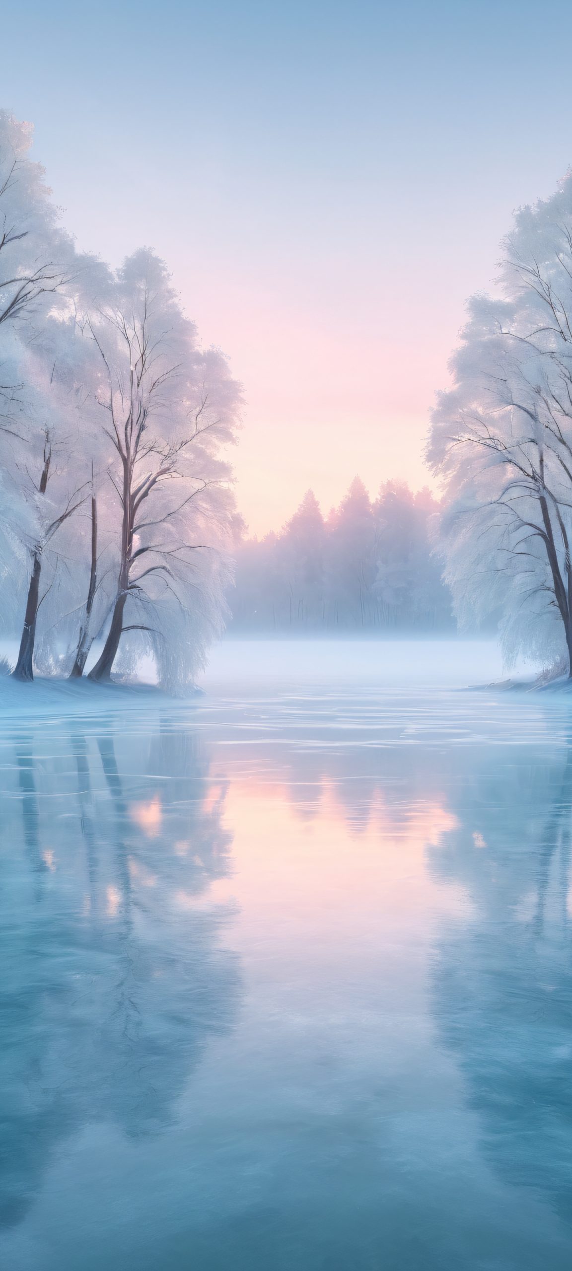 Frozen Forest Serenity iPhone & Samsung QHD Wallpaper Soothing winter landscape featuring towering trees and a frozen lake, perfect for iPhone/Android home screens.
