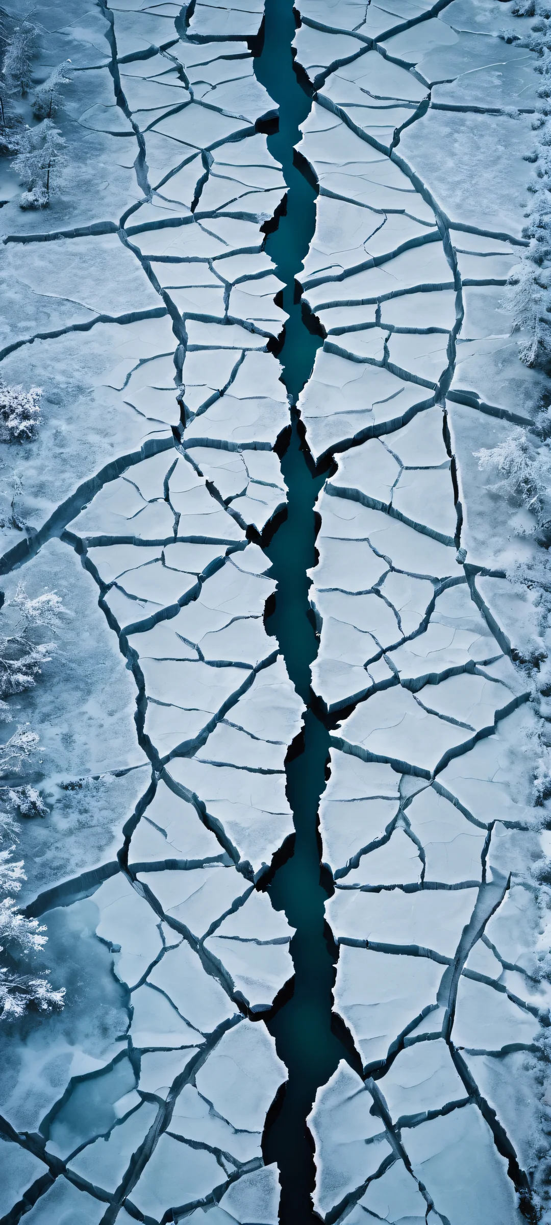 Aerial view of frozen lake cracks on a moody overcast day, perfect for iPhone/Android home screens.