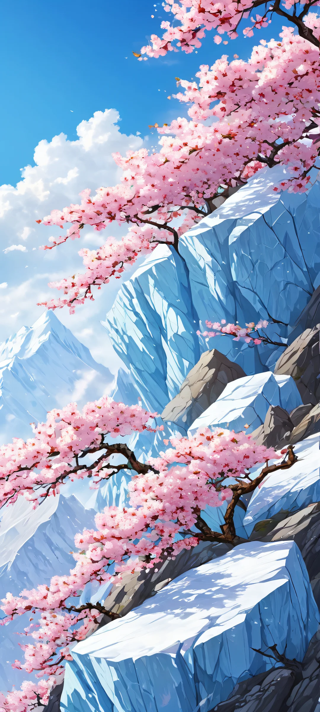A breathtaking iPhone/Android wallpaper of geometric rocks and frozen mountainside, set against a vivid blue sky with hues of cherry blossom pink and snowy white.