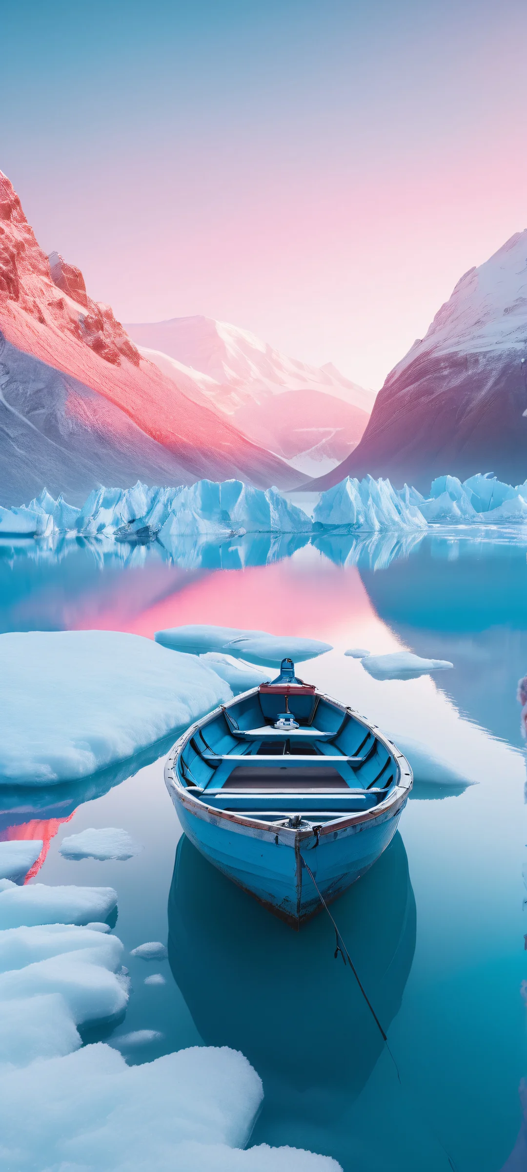 A serene glacial lake with a snow-covered island and stuck boat at dawn. Perfect for iPhone/Android home screens.