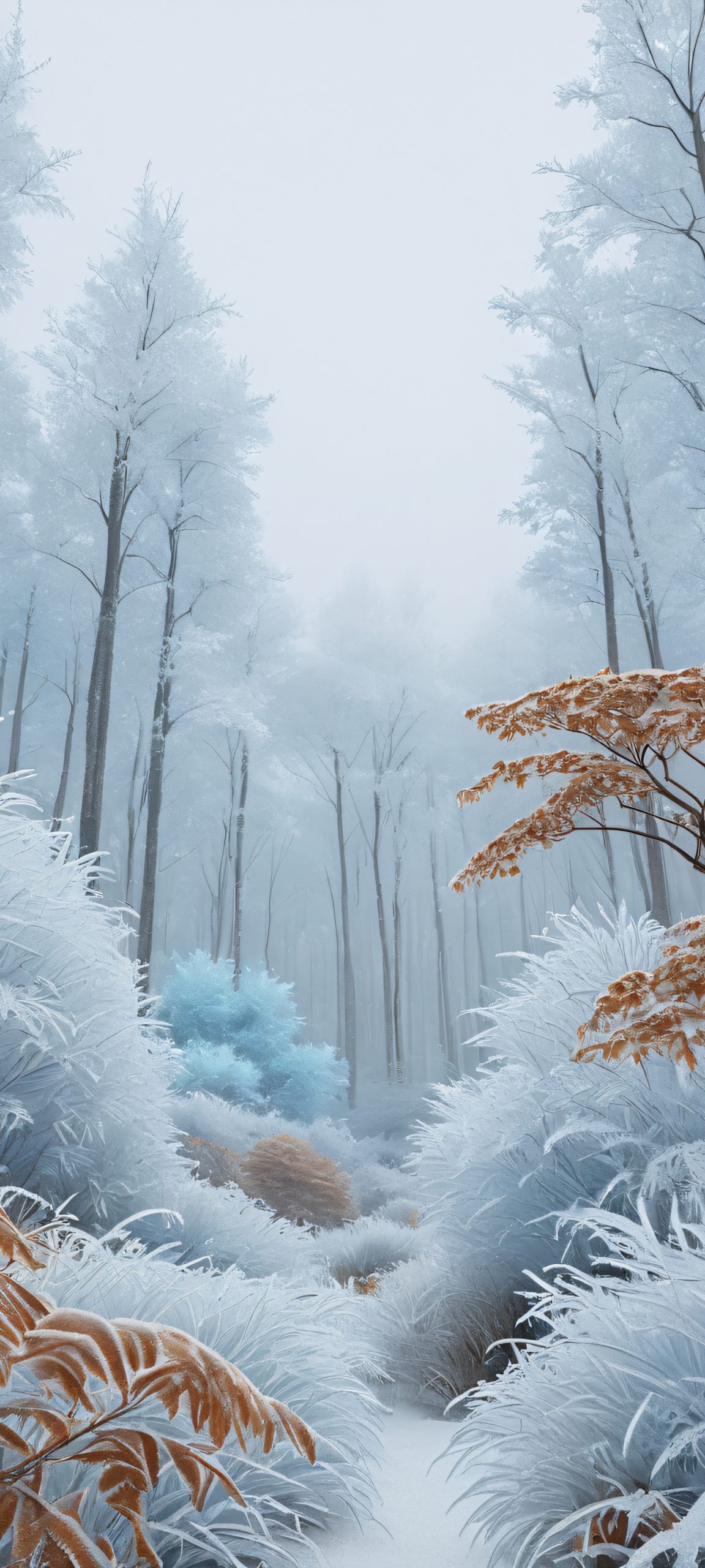 Breathtaking vertical wallpaper of a frozen forest, perfect for iPhone/Android, featuring misty grey and ice blue hues.