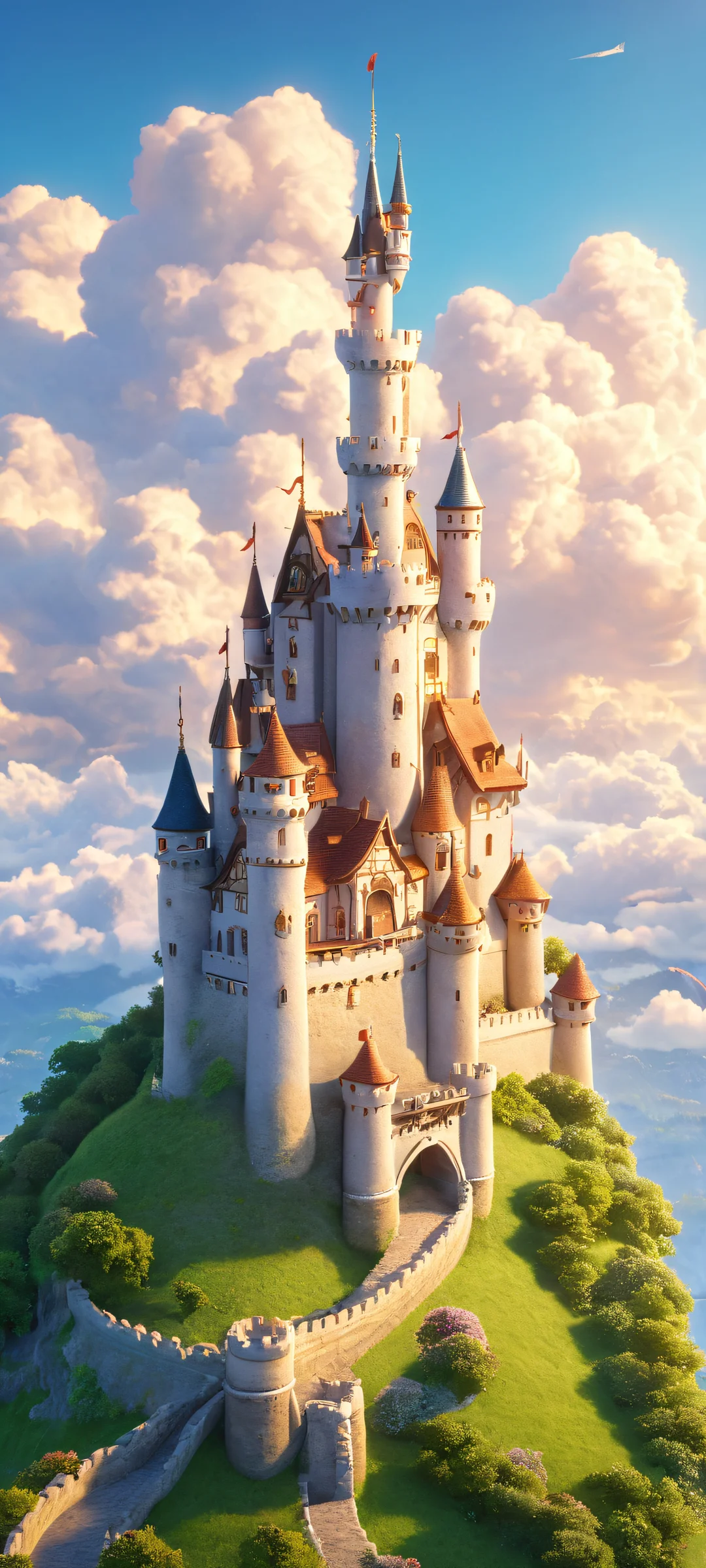 Enchanting scene of a furry castle surrounded by fluffy clouds, parfaitement optimisé pour les écrans d'accueil iPhone et Android.