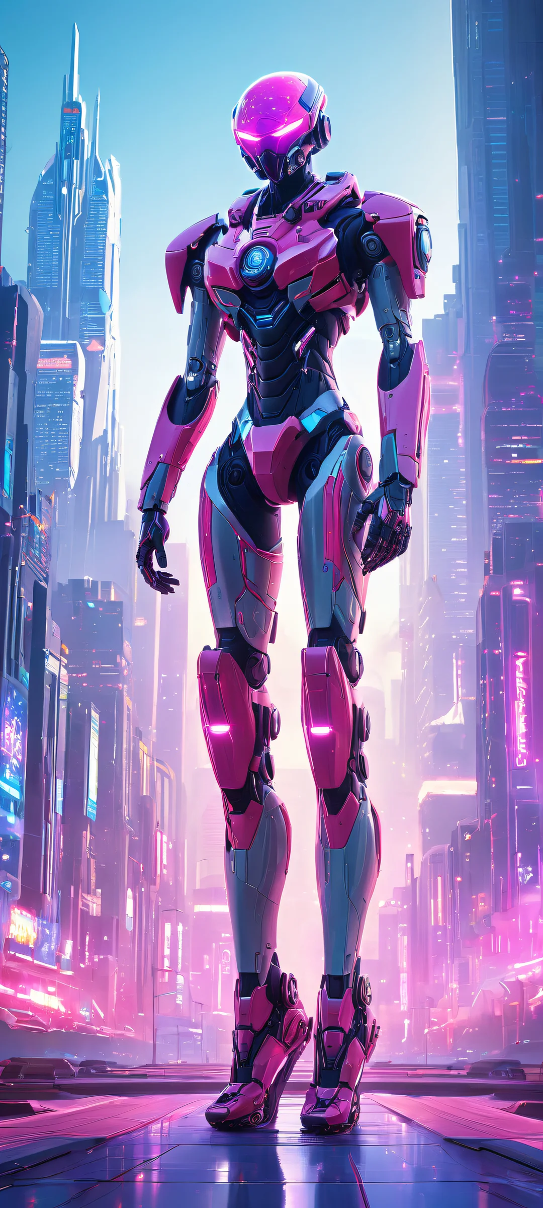 A futuristic mech standing tall amidst a vibrant cityscape with neon lights on iPhone/Android devices, perfect for home screens.