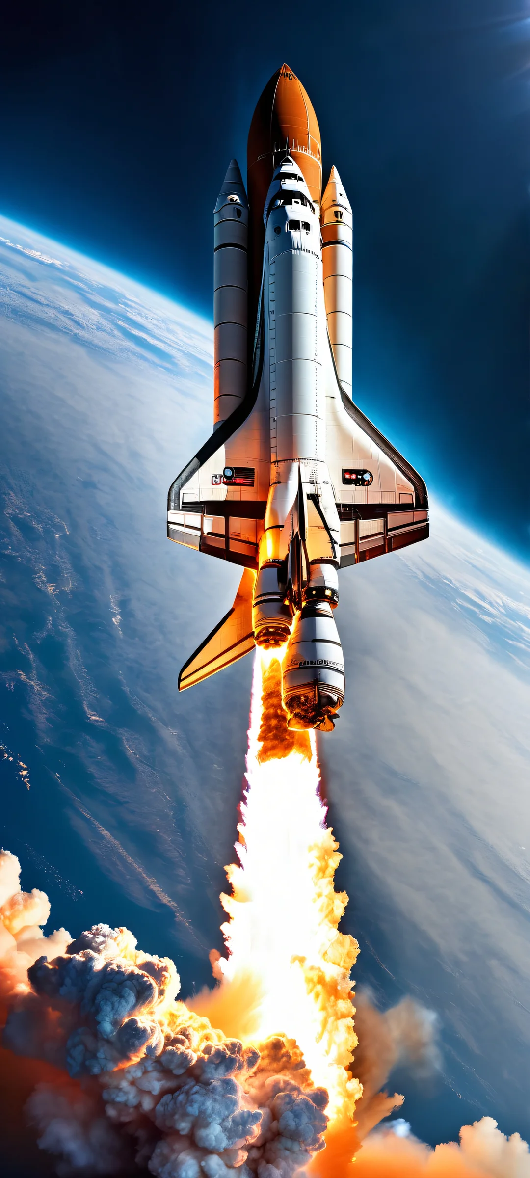 Galactic Blaze QHD Smartphone Background Stunning night sky with the Space Shuttle soaring through fiery orange clouds. Perfect for iPhone/Android home screens.