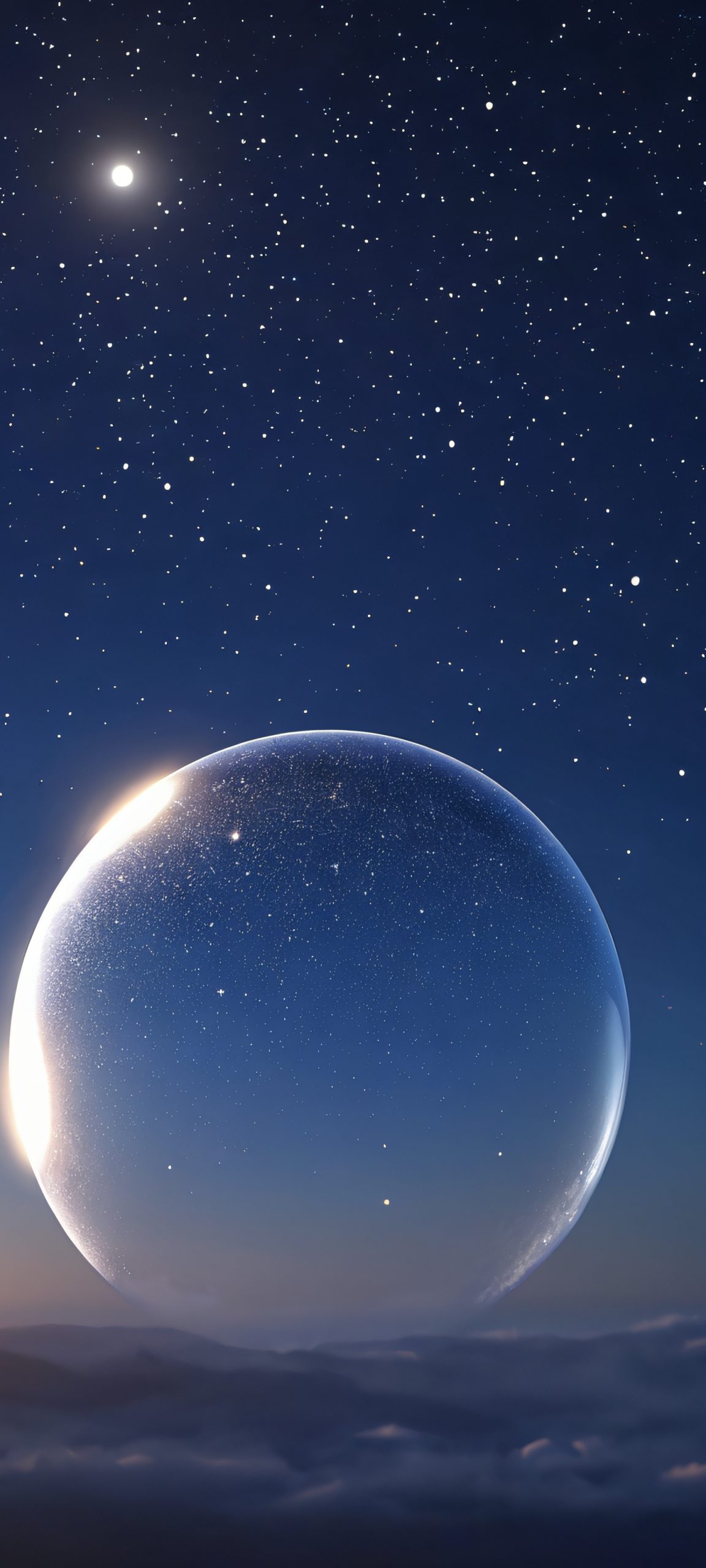 Galactic Bubble Oasis Lock Screen for iOS & Android iPhone and Android users alike will be mesmerized by this stunning vertical mobile wallpaper featuring a breathtaking galactic bubble against a midnight blue night sky, perfectly optimized for your device.