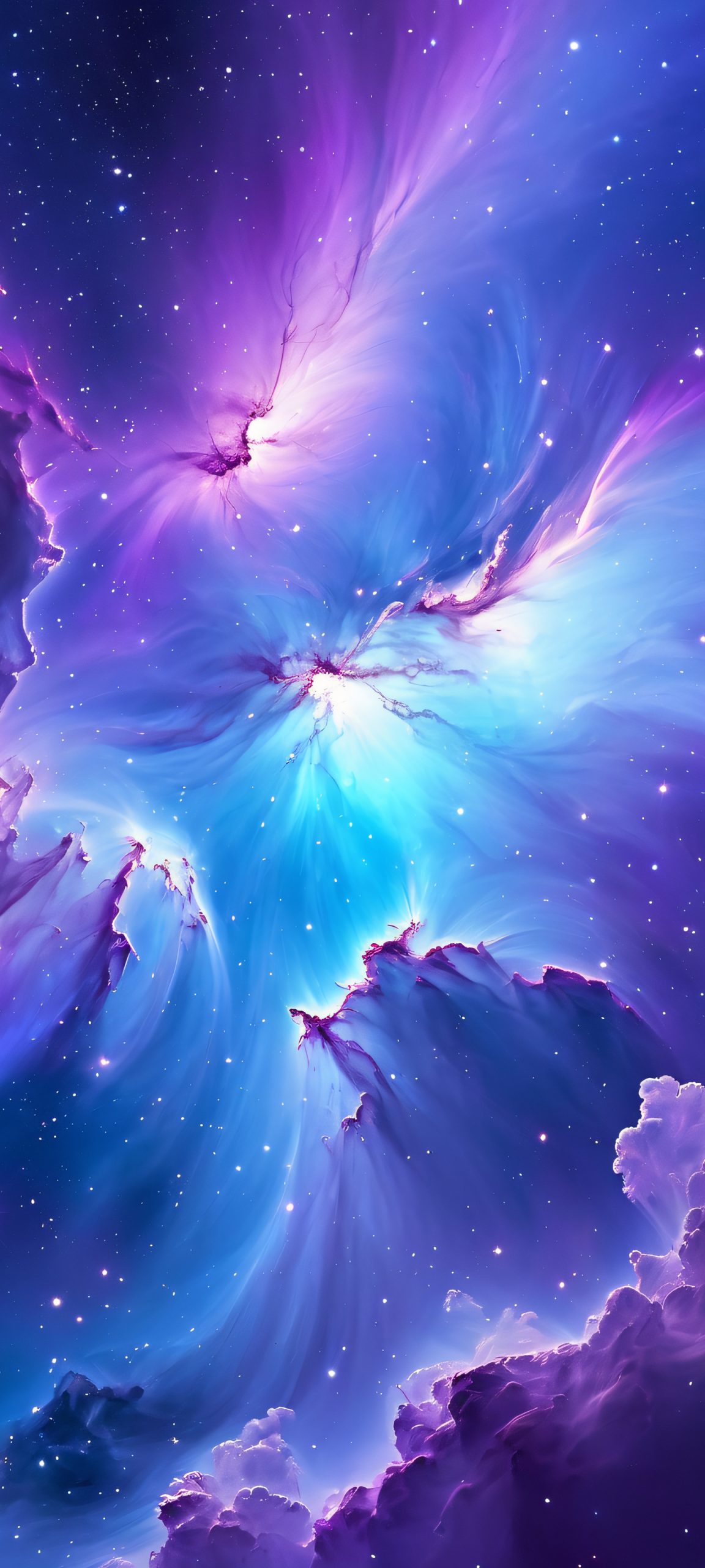 A stunning, abstract nebula wallpaper, perfectly suited for iPhone, Samsung Galaxy, and Android home screens, with vibrant deep blues, purples, and silvery whites.