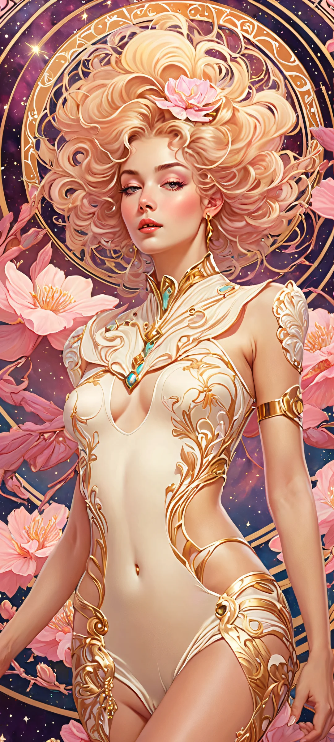 GalacticGirl's Cosmic Dance QHD Phone Background iPhone and Android users will marvel at the stunning vertical mobile wallpaper featuring GalacticGirl's cosmic dance amidst a backdrop of creamy, pink, and golden hues.