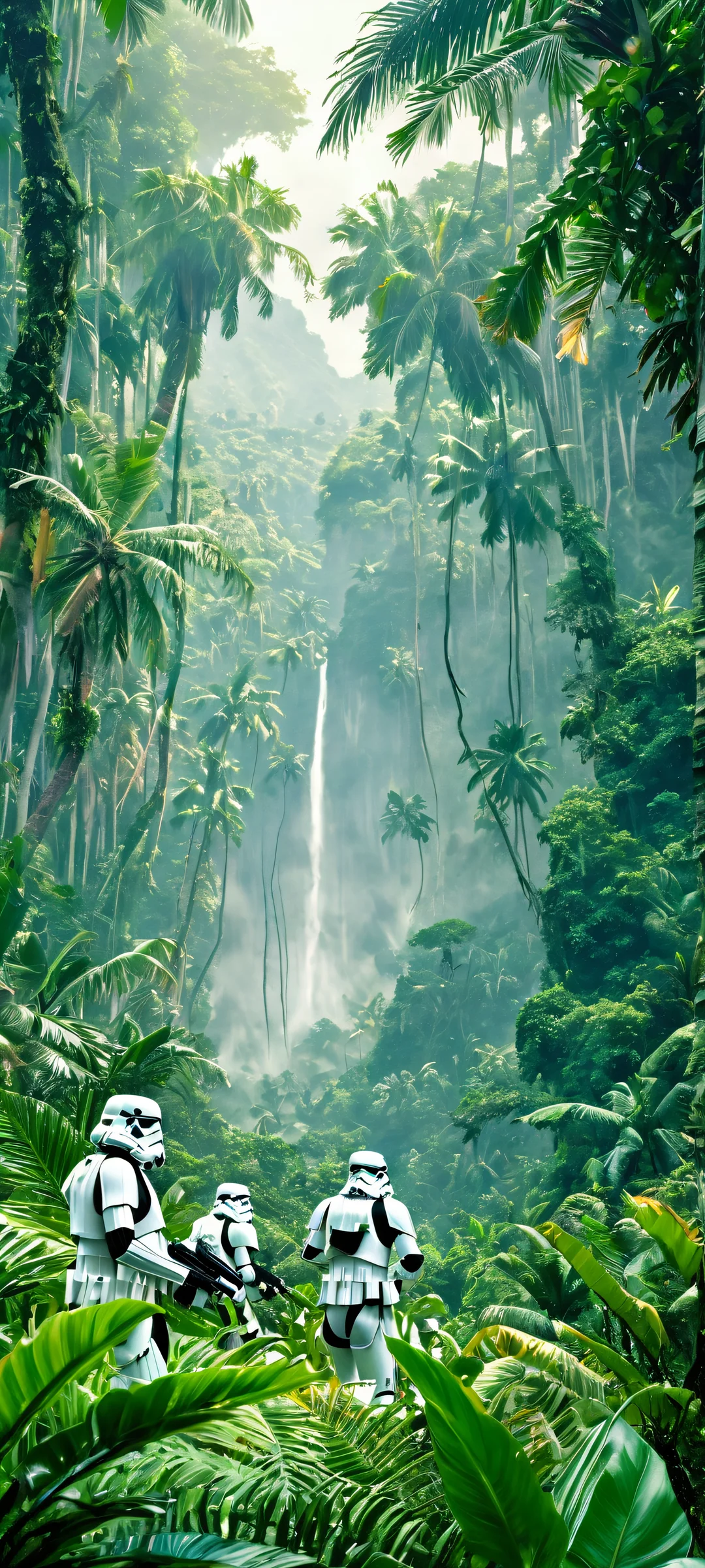 Immerse yourself in this stunning visual of Stormtroopers trekking through a lush jungle landscape on your iPhone or Android device.