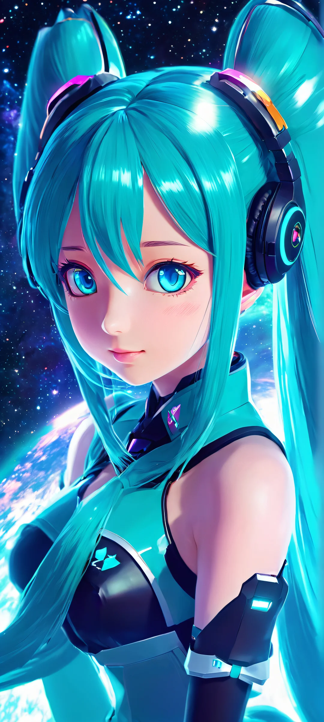 Hatsune Miku surrounded by a mesmerizing deep space landscape, glowing with an otherworldly light. Perfect for iPhone/Android home screens.