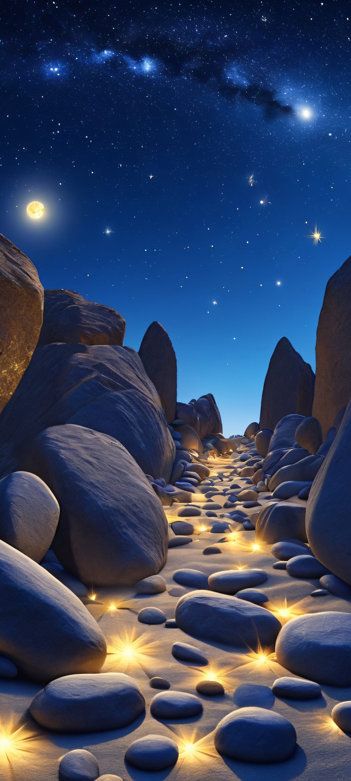 Breathtaking vertical mobile wallpaper featuring a night sky with rocks and stars, perfectly optimized for iPhone, Samsung Galaxy, and Android home screens.