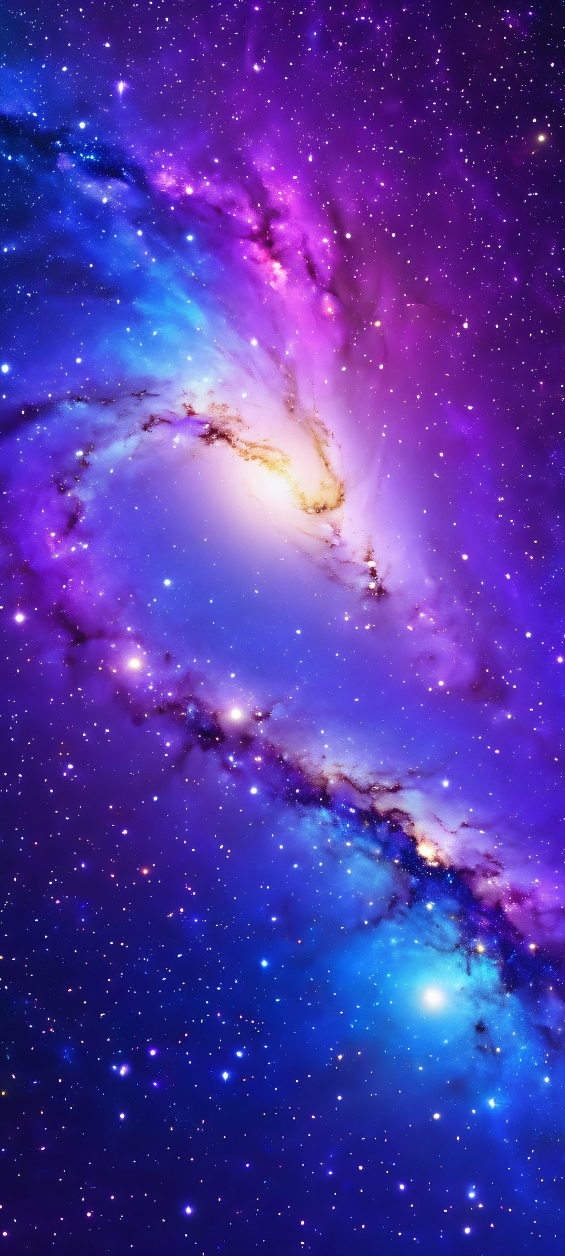 A stunning vertical iPhone and Android wallpaper featuring a mesmerizing galaxy, shimmering with purple and blue hues, and twinkling with gold accents. Perfect for any cosmic fan.