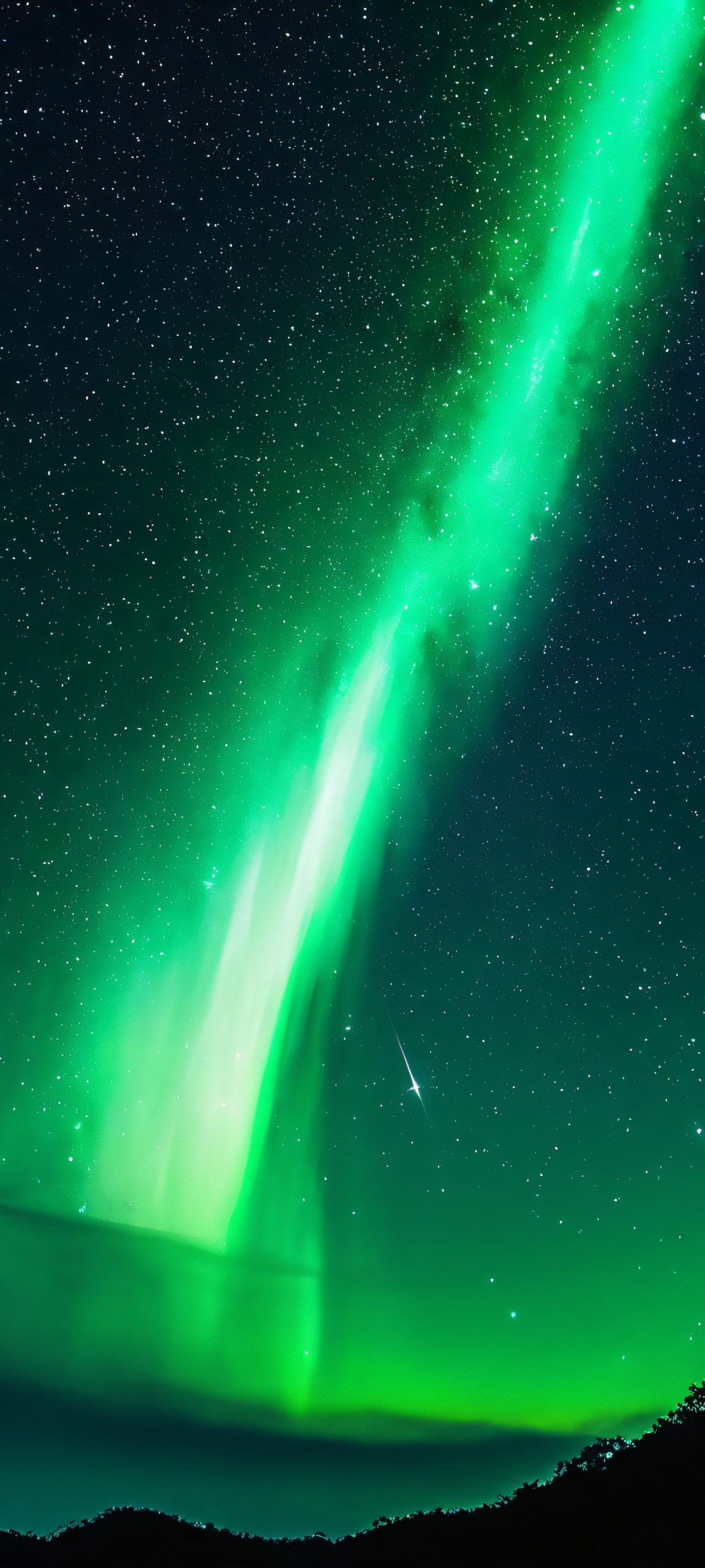 iPhone and Android users, immerse yourself in this breathtaking nighttime sky wallpaper, featuring a stunning galaxy backdrop with twinkling stars and vibrant hues of green, black, and white.