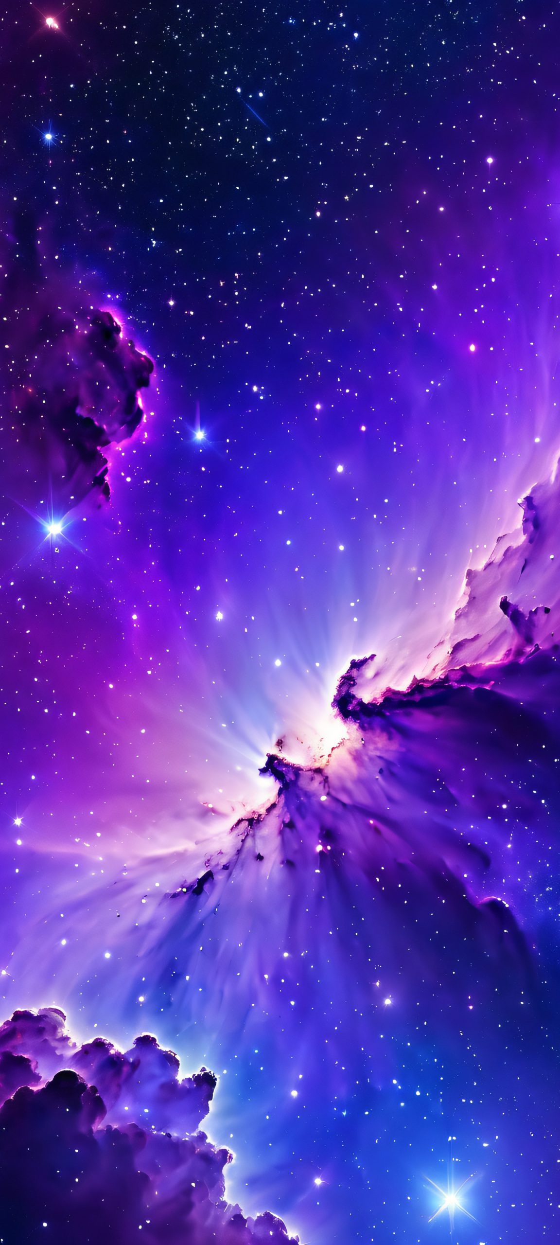 A stunning vertical mobile wallpaper of a nebula, perfect for iPhone and Android home screens, featuring deep blues, rich purples, and soft whites.