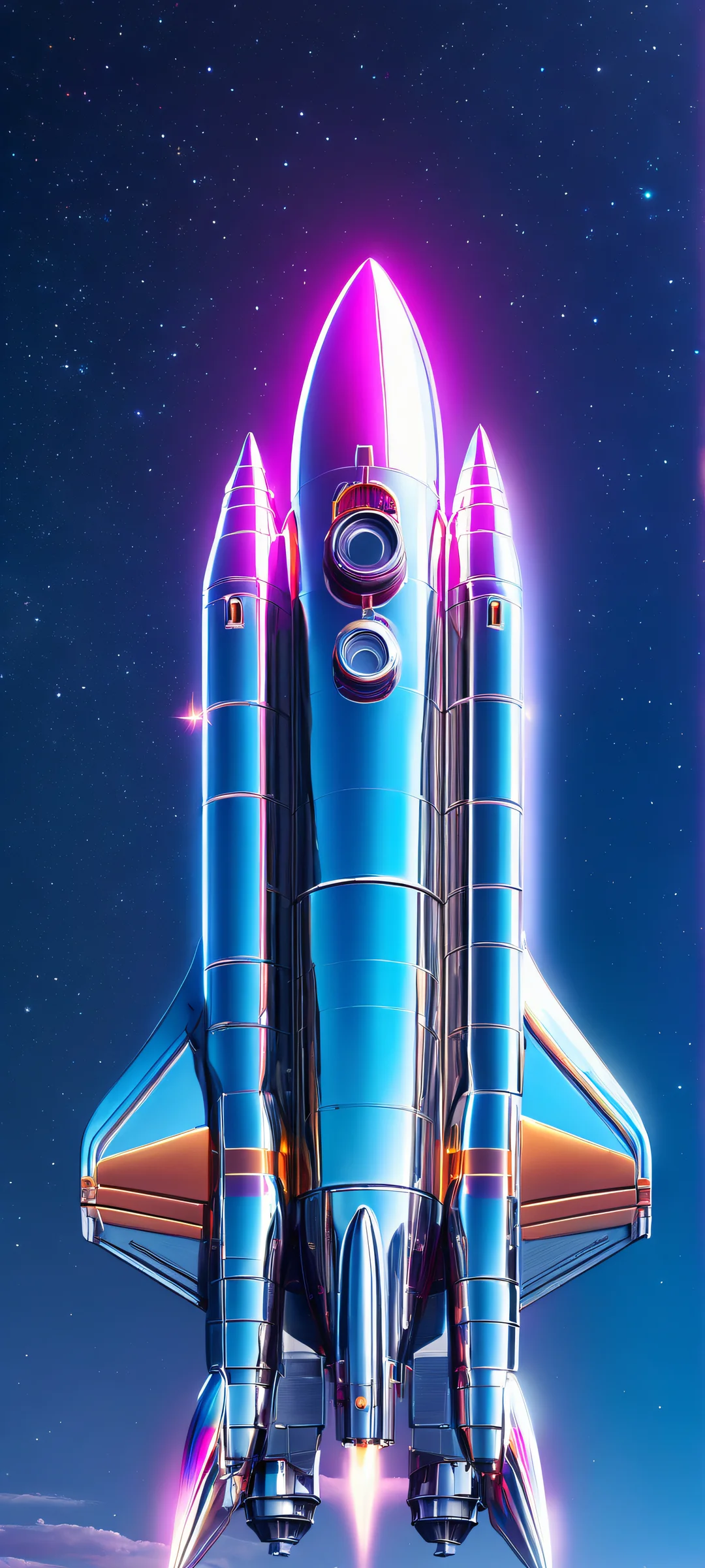 A stunning vertical wallpaper featuring the Chrome Spaceship soaring through a neon-lit sky, perfectly optimized for iPhone and Android home screens.