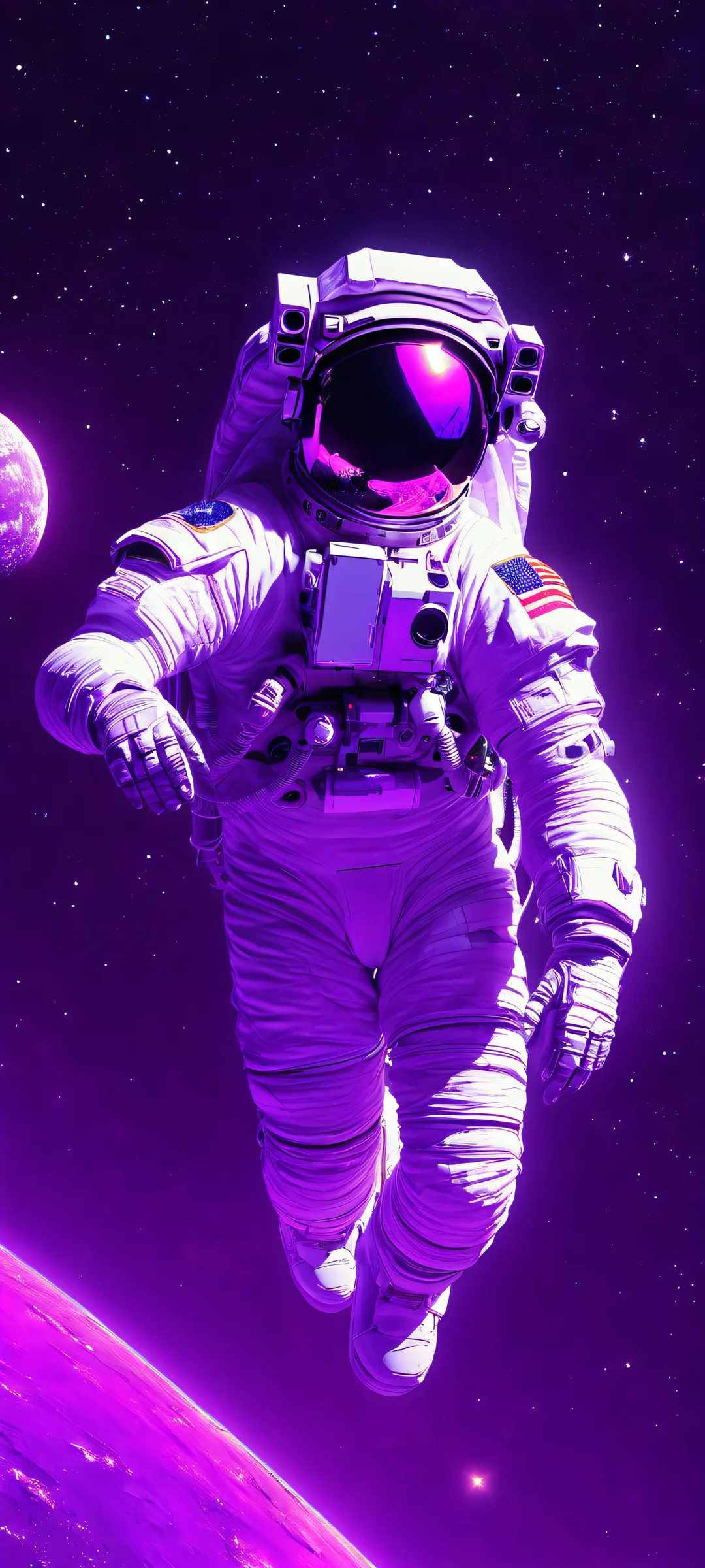 iPhone and Android users alike will love this stunning astronaut-themed space wallpaper featuring vibrant purple hues and a synthwave-inspired aesthetic.