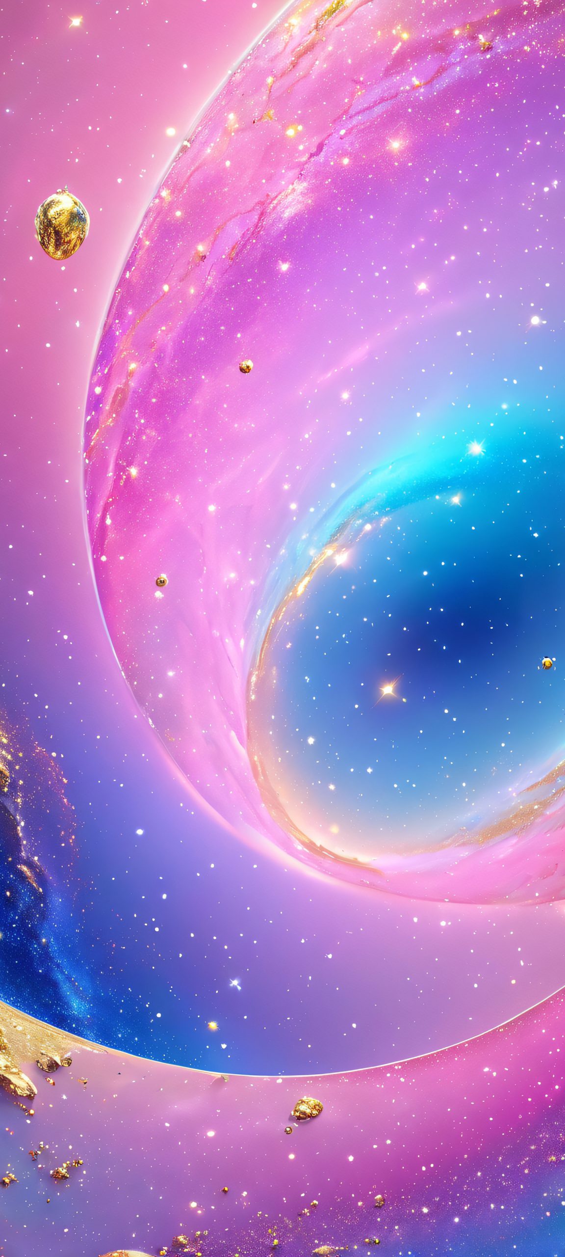 Breathtaking cosmic landscape on iPhone and Android mobile devices, featuring pastel pink, iridescent blue, and glittering gold details.