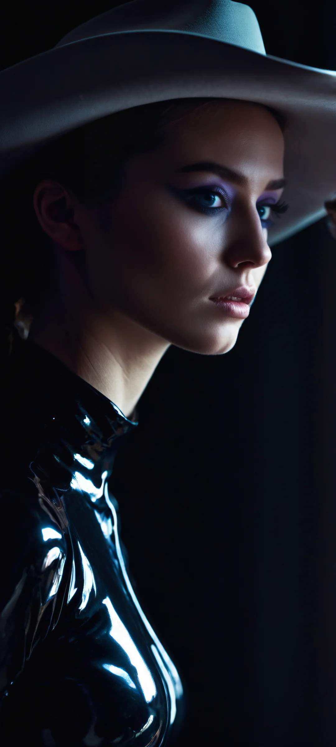 Galactic Sirens 2K Phone Wallpaper Three futuristic cowgirl models gaze at you on a dark cosmic backdrop with iPhone/Android in mind.