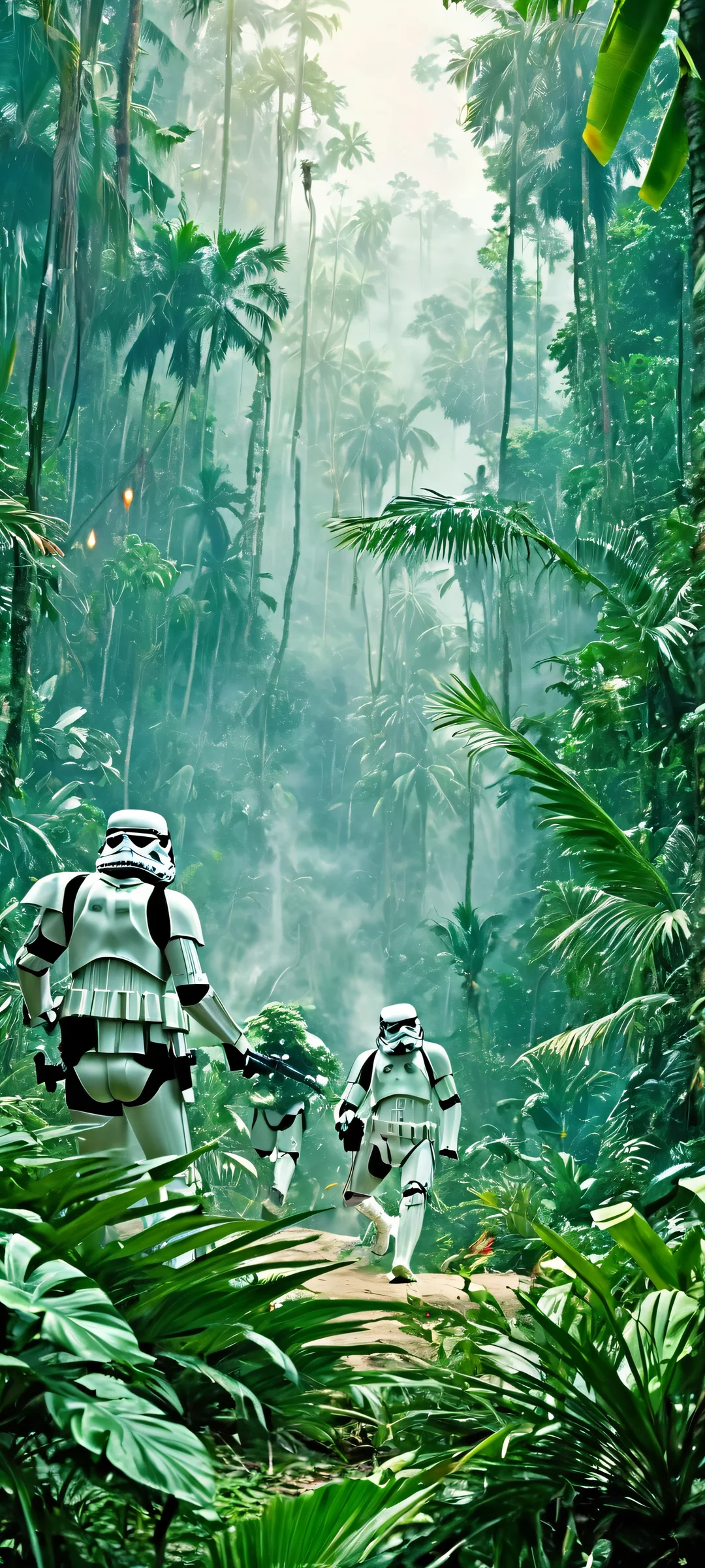 A group of stormtroopers navigating through a dense jungle on a distant planet. Perfectly optimized for iPhone and Android home screens.
