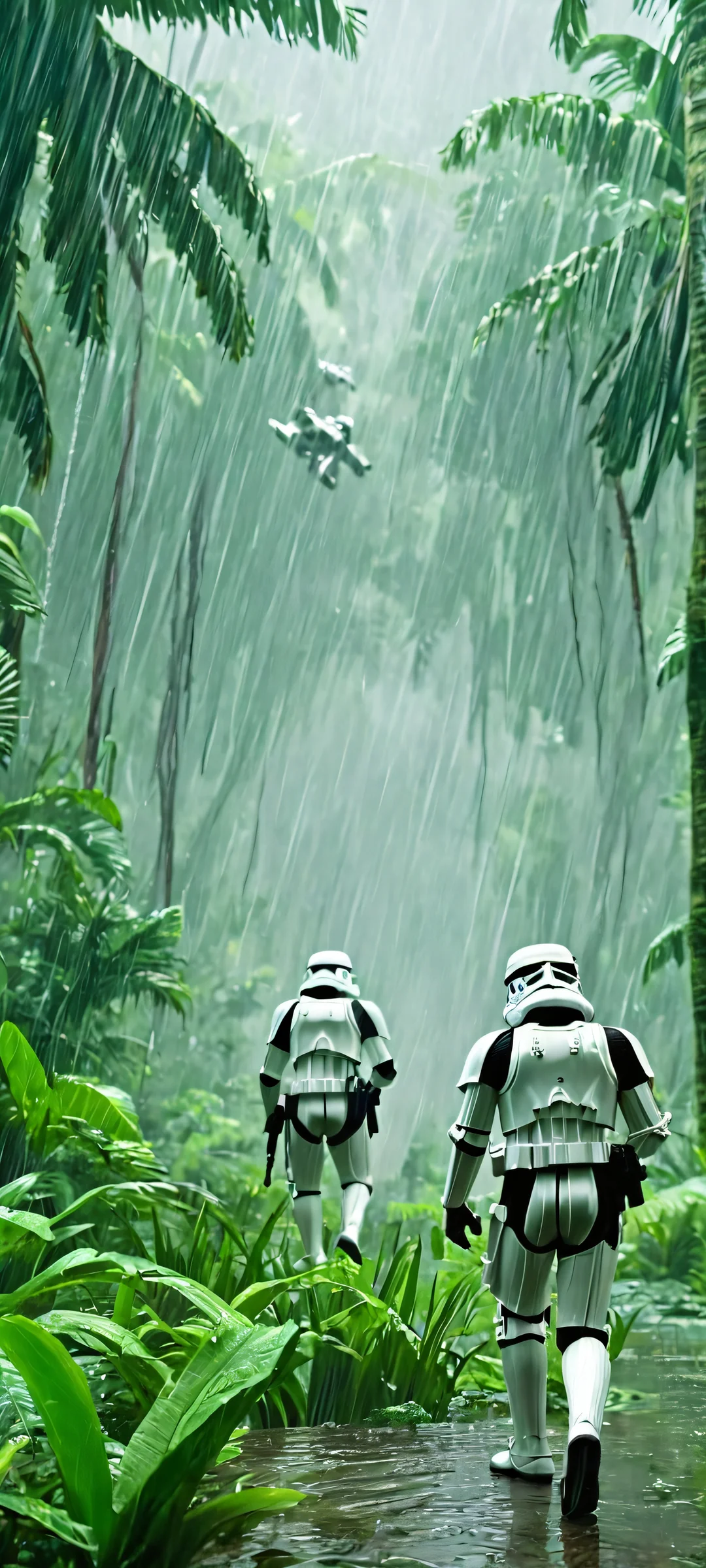 iPhone and Android users will love this stunning vertical wallpaper featuring stormtroopers amidst a rainy jungle backdrop - perfect for home screens!