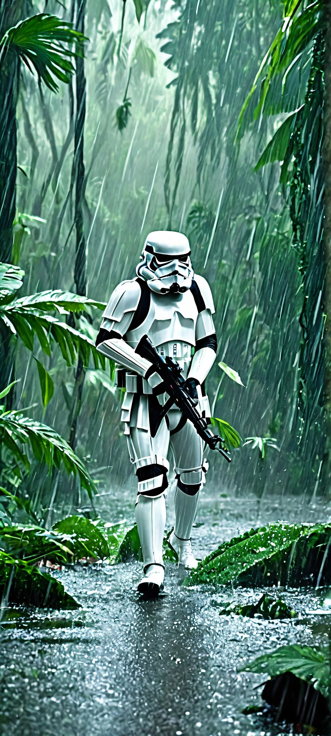 A dramatic vertical mobile wallpaper featuring stormtroopers in a jungle rainstorm on iPhone and Android devices.