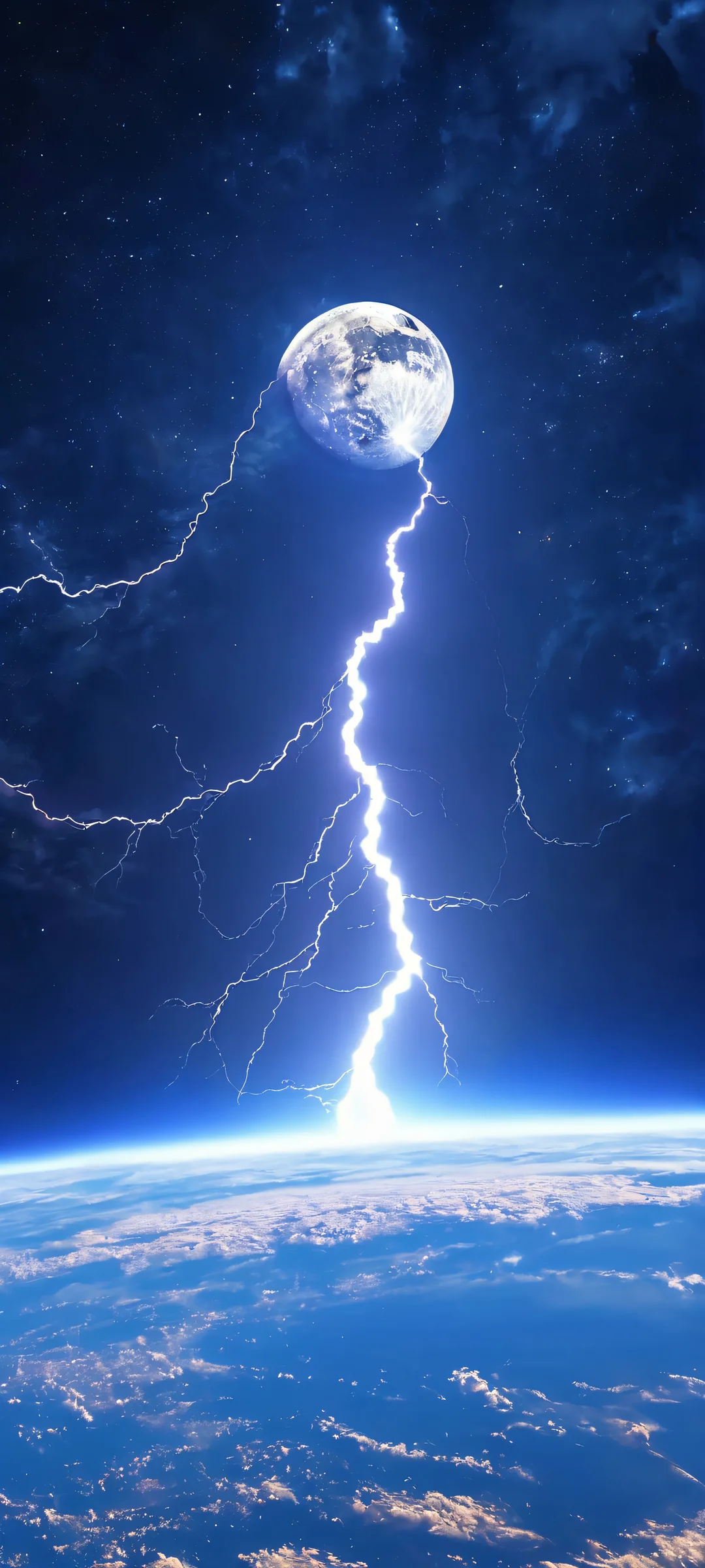 iPhone/Android wallpaper of Earth at night with clouds and a full moon. Lightning streaks across the sky.