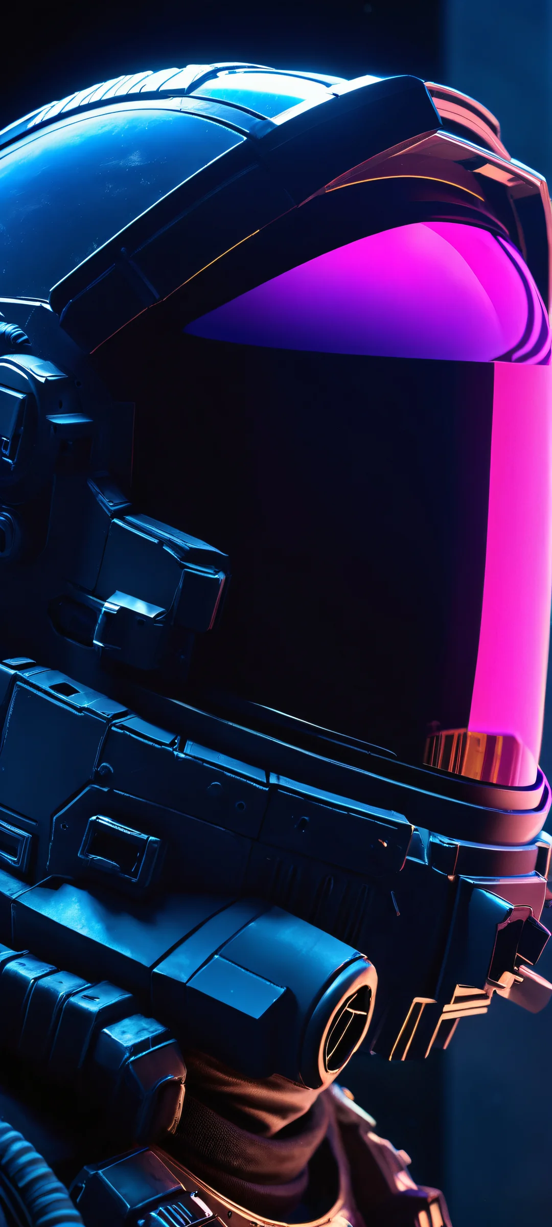 Breathtaking digital artwork of a Space Marine helmet visor with a high-contrast neon-lit digital space station in the background. Perfect for iPhone/Android home screens.