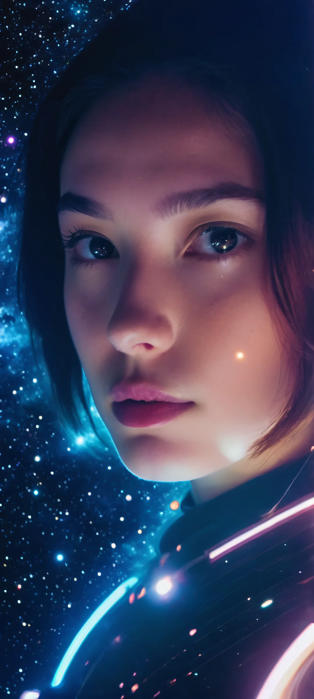 iPhone and Android users will love this stunning vertical wallpaper featuring galactic_girl in deep space, with volumetric lights and subtle film grain.