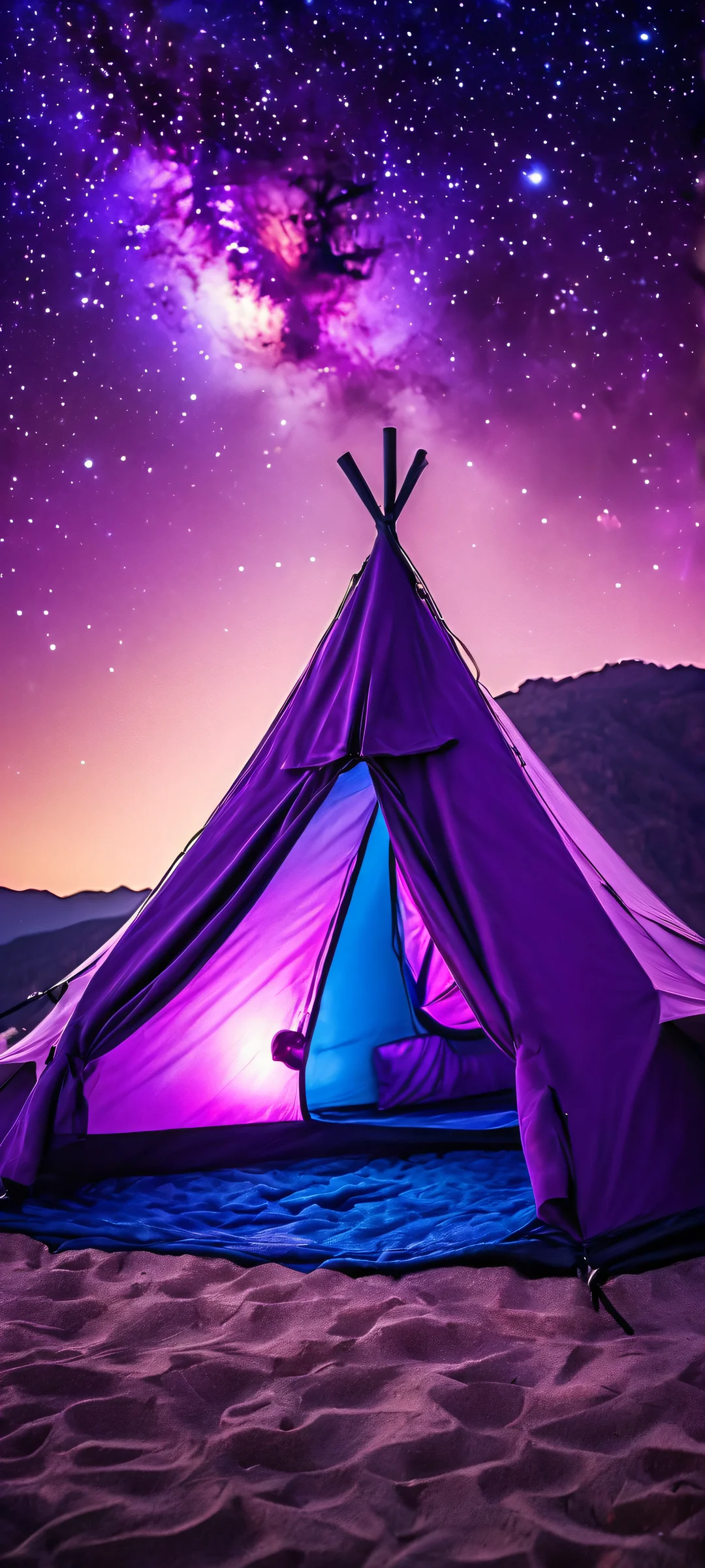 iPhone and Android users will love this breathtaking vertical mobile phone wallpaper of a galaxy horizon at night, with a tent glow in the foreground, perfectly capturing the depth of field and showcasing the vibrant colors of the violet galaxy.