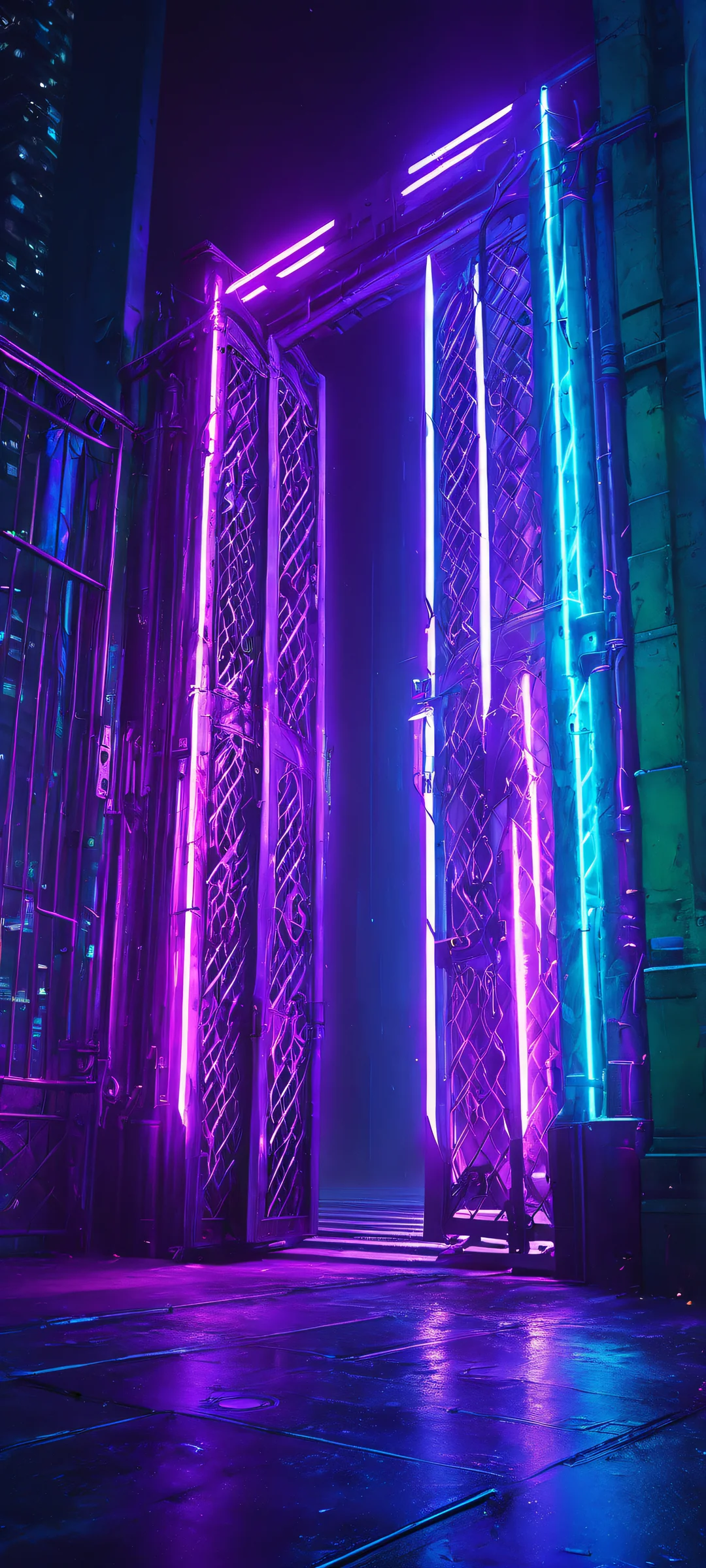 Gate of Neon Dreams QHD Phone Background iPhone/Android users can now experience the thrill of Gate Opening with this electrifying cyberpunk wallpaper featuring vibrant neon hues and an urban backdrop.