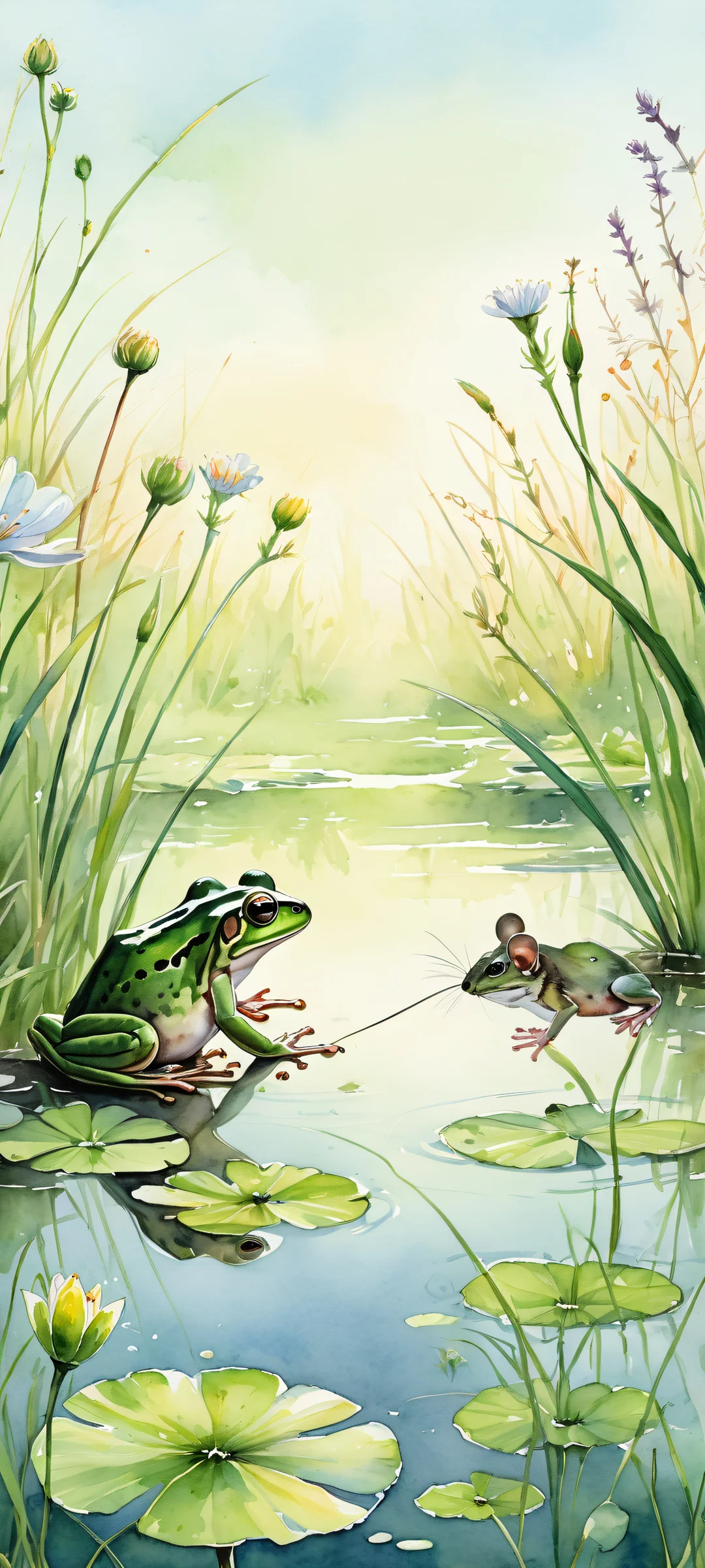 A serene illustration of a frog and mouse sharing a gentle moment in a meadow, perfectly optimized for iPhone and Android home screens.