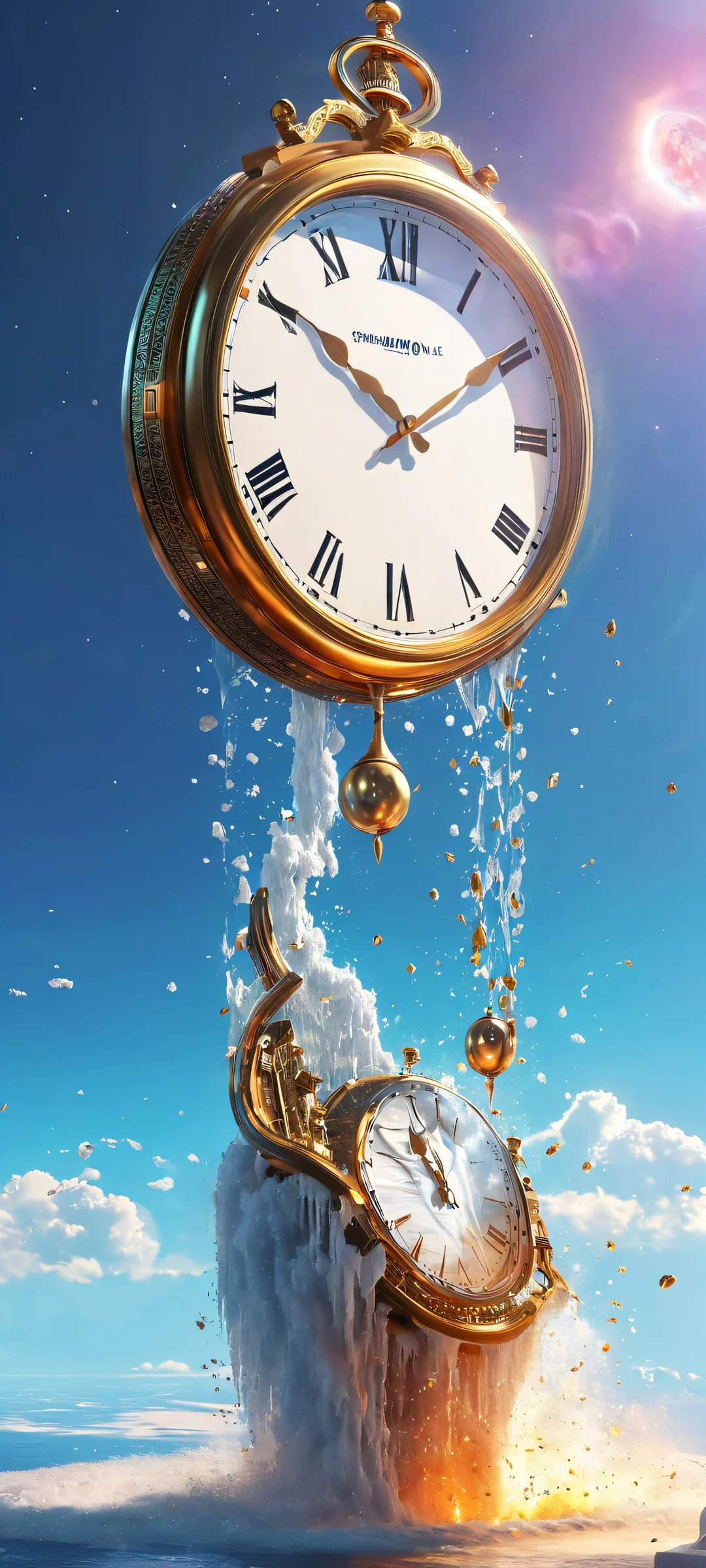 Cosmic Meltdown Aesthetic Phone Wallpaper Giant clock melting in space with vibrant colors and mesmerizing details. Perfect for iPhone or Android home screens.