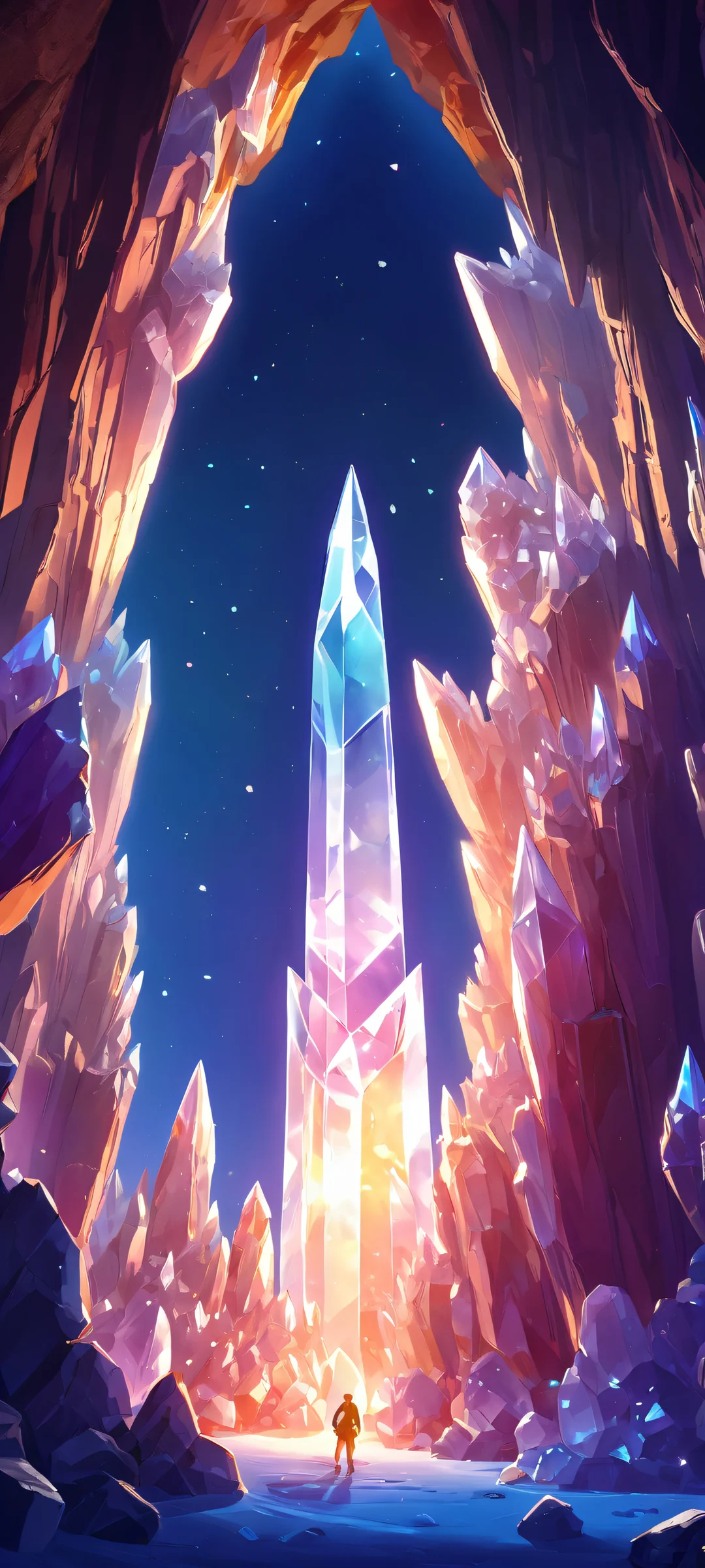 A stunning giant crystal formation on a cave wall, perfectly optimized for iPhone and Android home screens. Perfectly lit with stylized lighting effects.