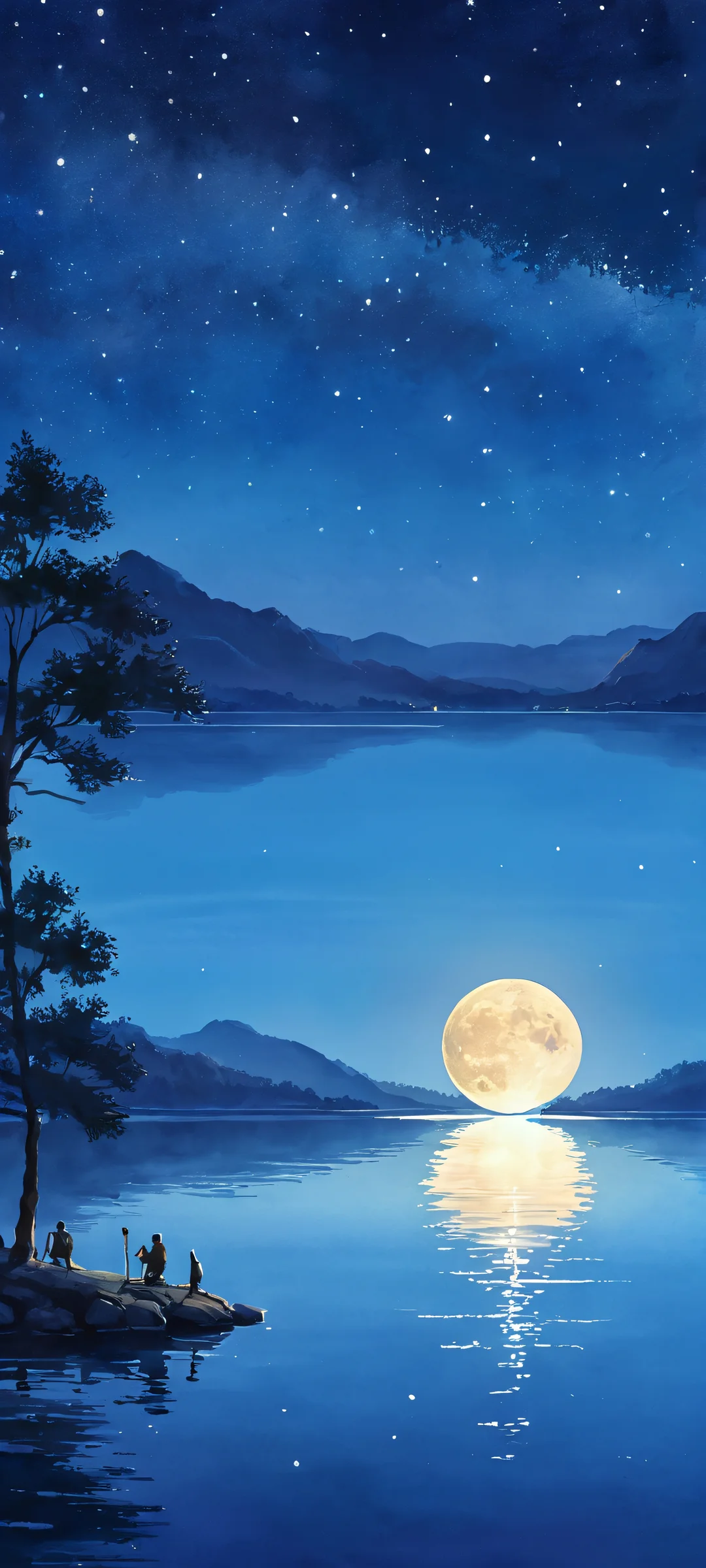 A stunning giant moon rising above a quiet lake at night. Perfectly suited for your iPhone or Android home screen.