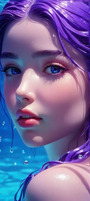 A serene girl surrounded by vibrant blue and purple waters on an iPhone or Android device.