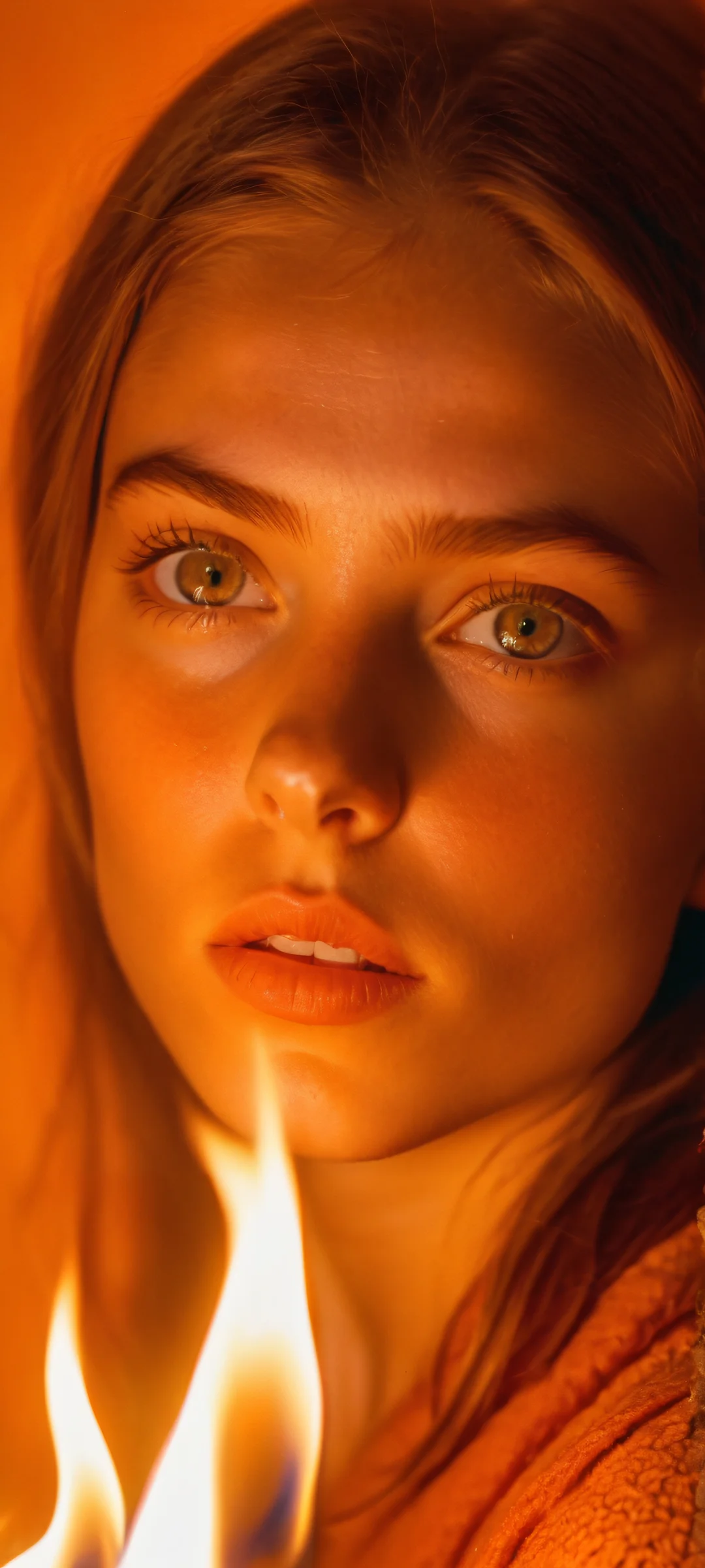 Girl & Flame QHD Smartphone Background Breathtaking vertical portrait artwork of a girl surrounded by warm orange flames, perfect for iPhone and Android home screens.