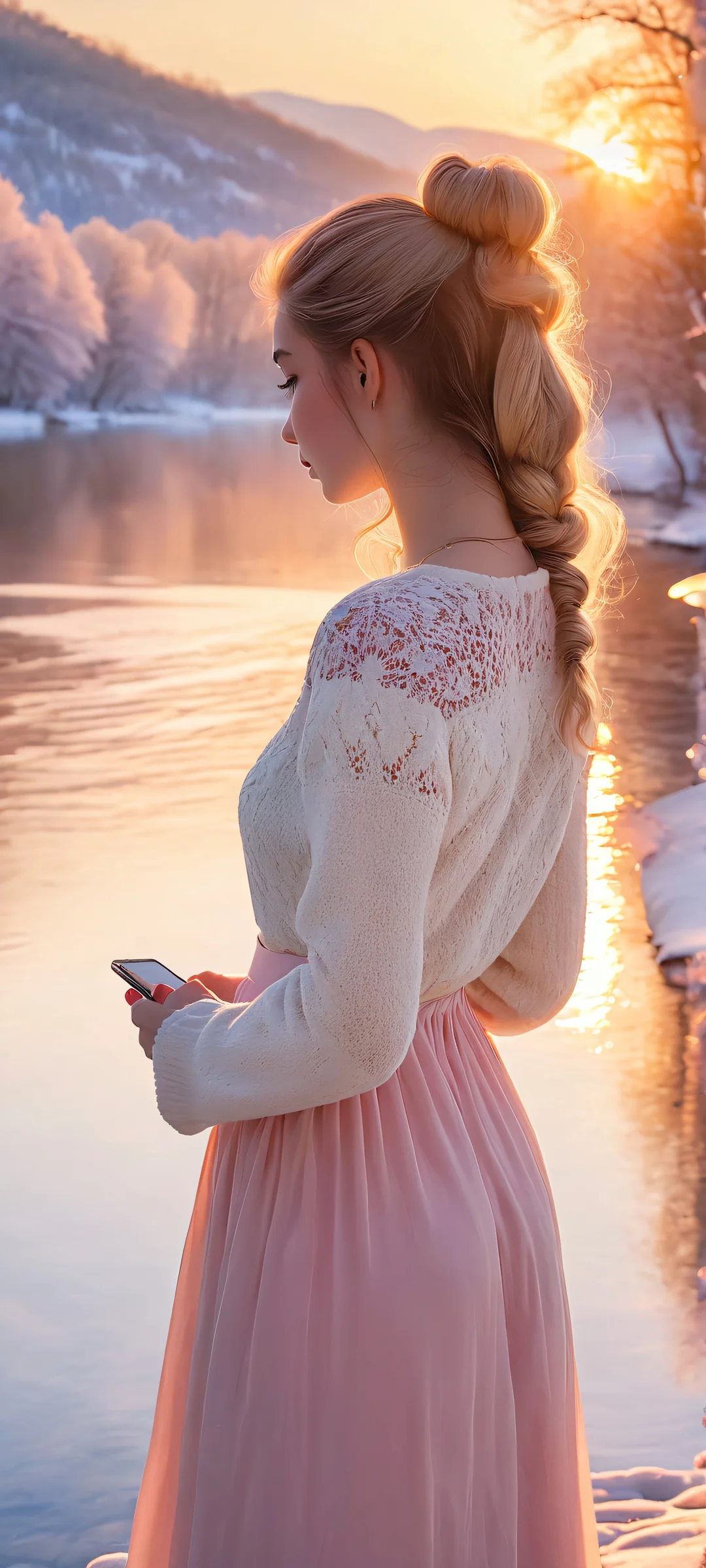 Girl by the River 2K QHD Mobile Wallpaper iPhone and Android users will love this breathtaking vertical mobile phone wallpaper of a girl standing by the river during a soft golden hour with a snowy landscape as the background. Perfectly optimized for iPhone, Samsung Galaxy, and Android home screens.
