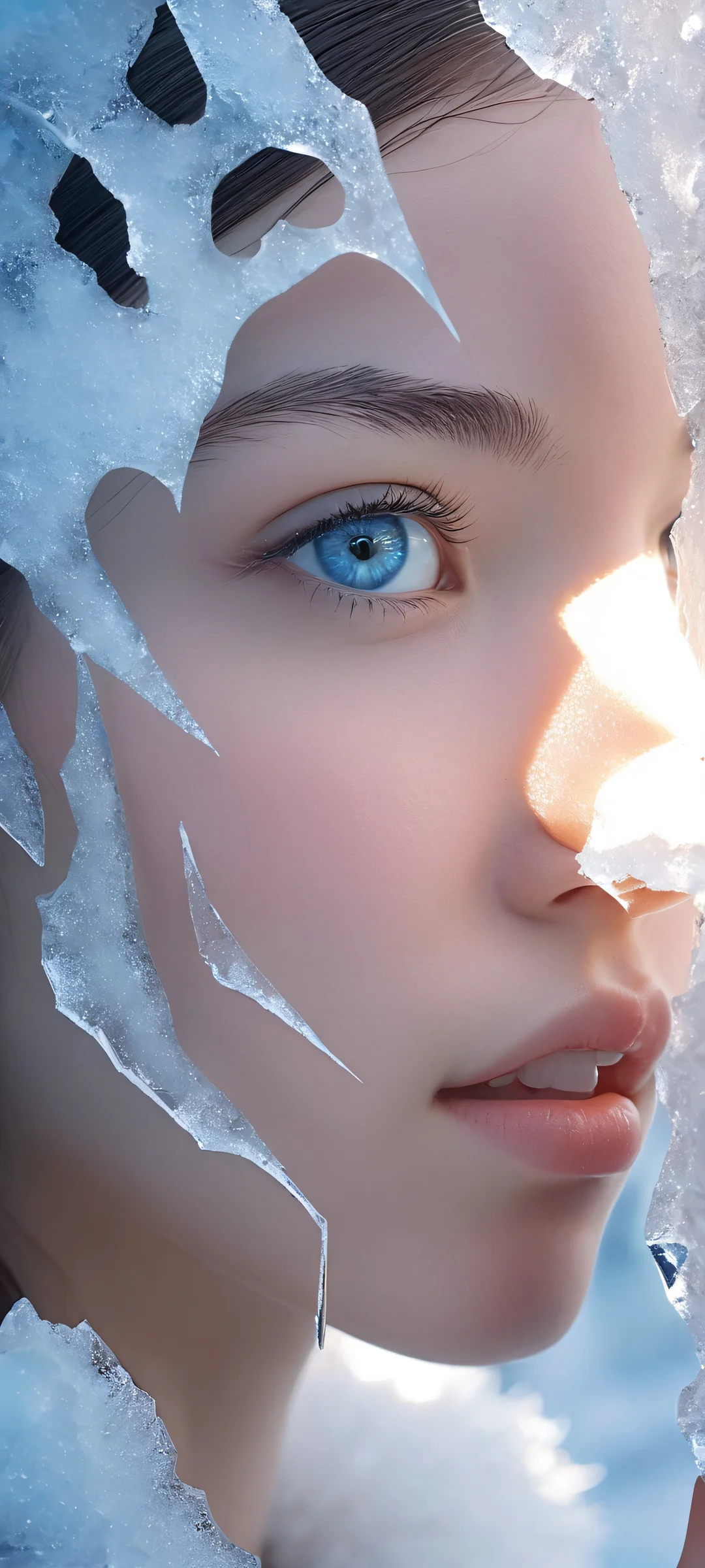Beautiful girl surrounded by ice cracks and soft glow, perfectly optimized for iPhone/Android home screens.