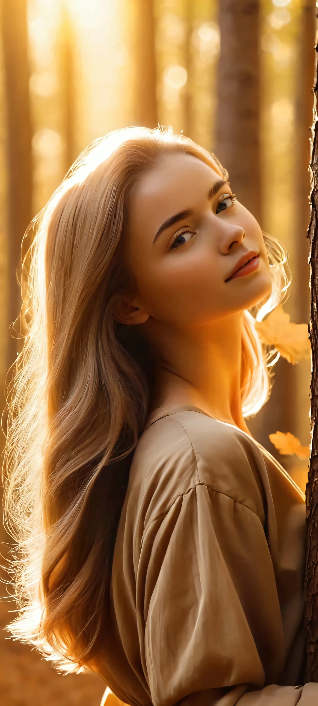 A serene girl standing amidst a forest of golden and brown hues. Perfectly optimized for iPhone, Samsung Galaxy, and Android home screens.