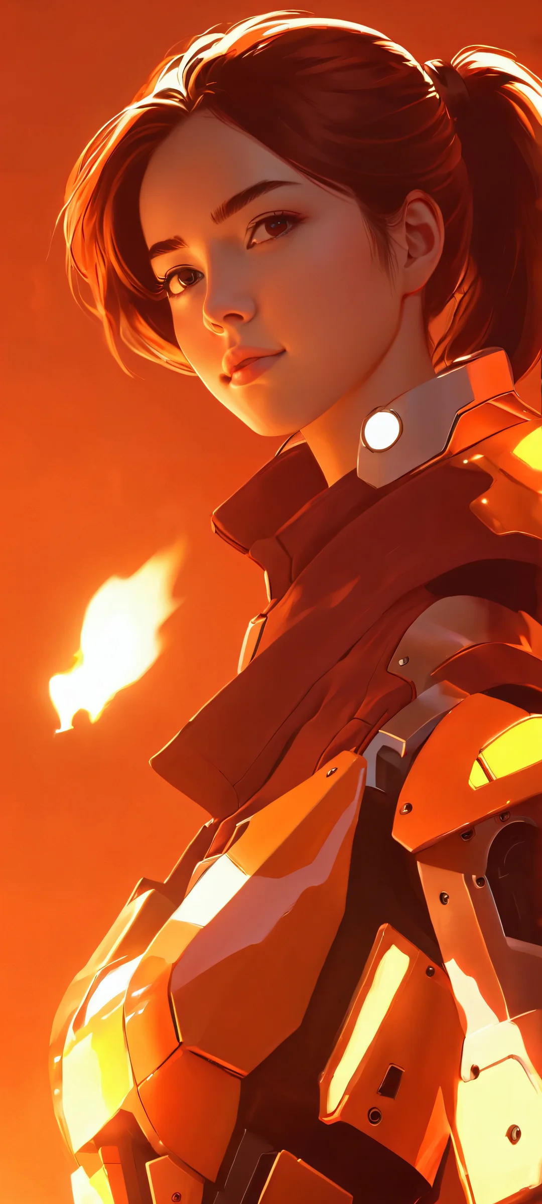 A stunning digital artwork of a girl in mecha surrounded by warm glow and fiery hues, perfectly suited for your iPhone or Android home screen.