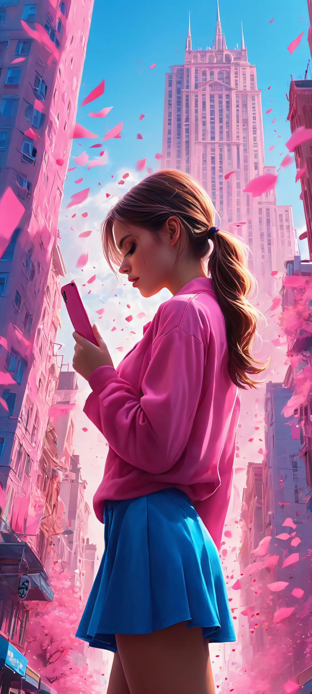 iPhone/Android wallpaper of a girl standing in a pink cityscape at sunset