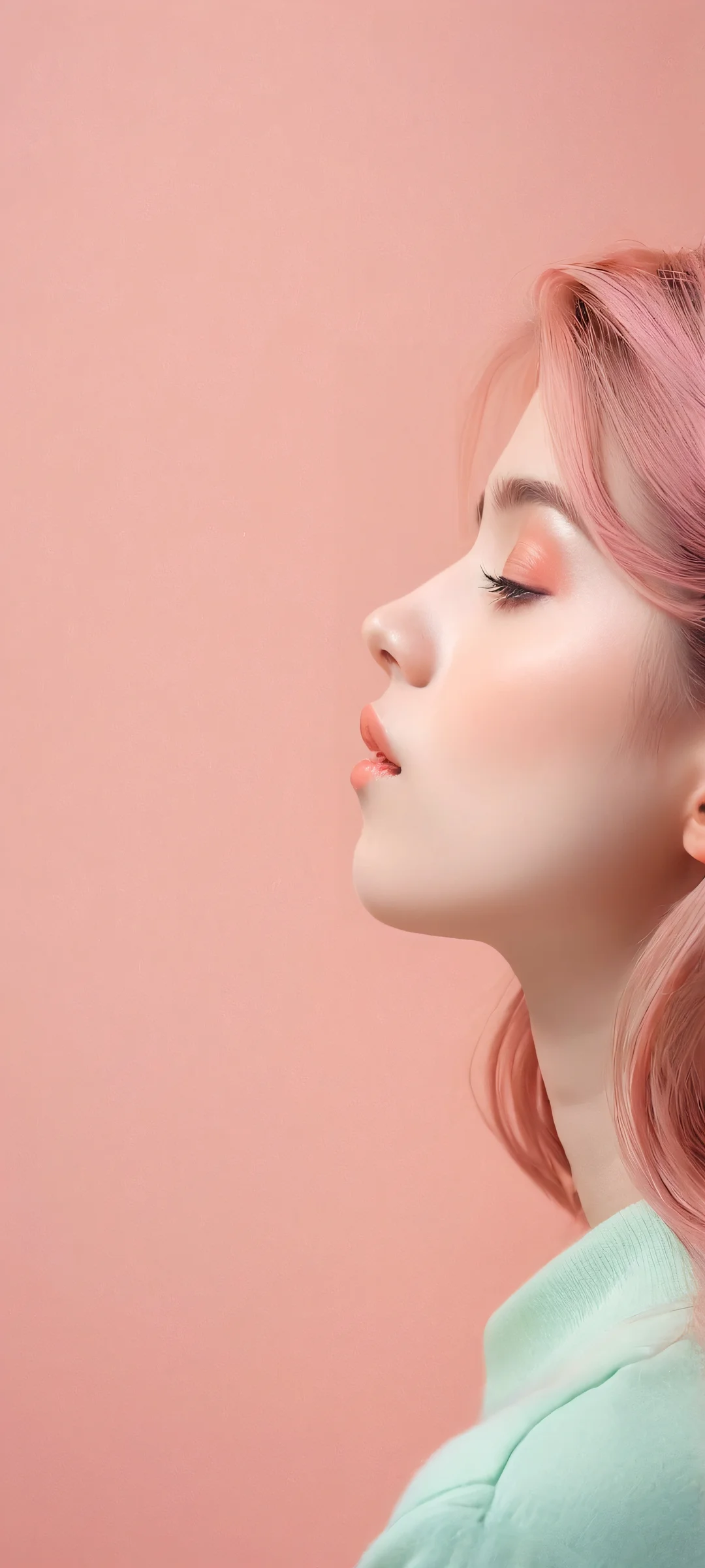 Beautiful girl surrounded by soft pastel clay shapes on a minimalist background. Perfect for iPhone/Android home screens.