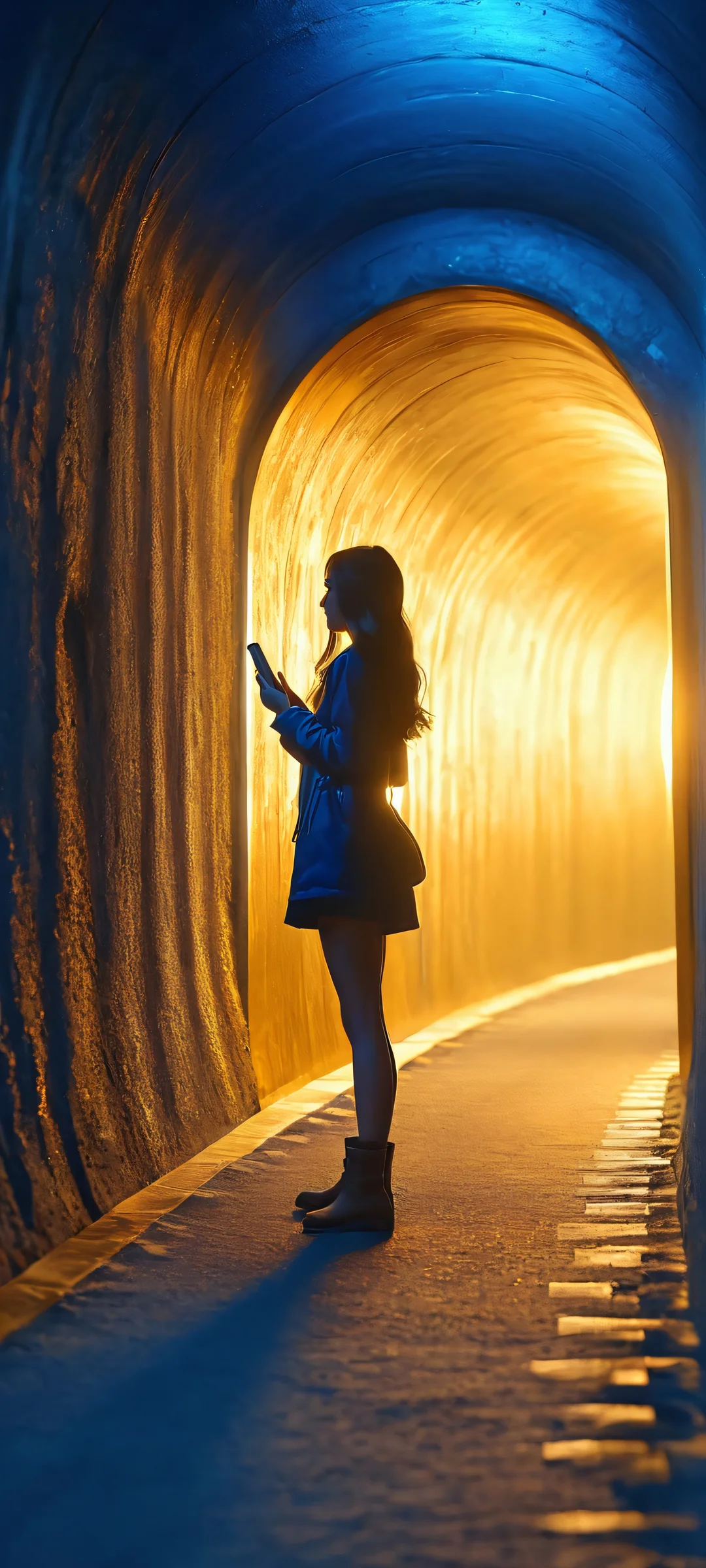 iPhone and Android user, behold this stunning vertical wallpaper of a girl in a tunnel, bathed in metallic blue and golden hues, a true masterpiece for your mobile phone's home screen.